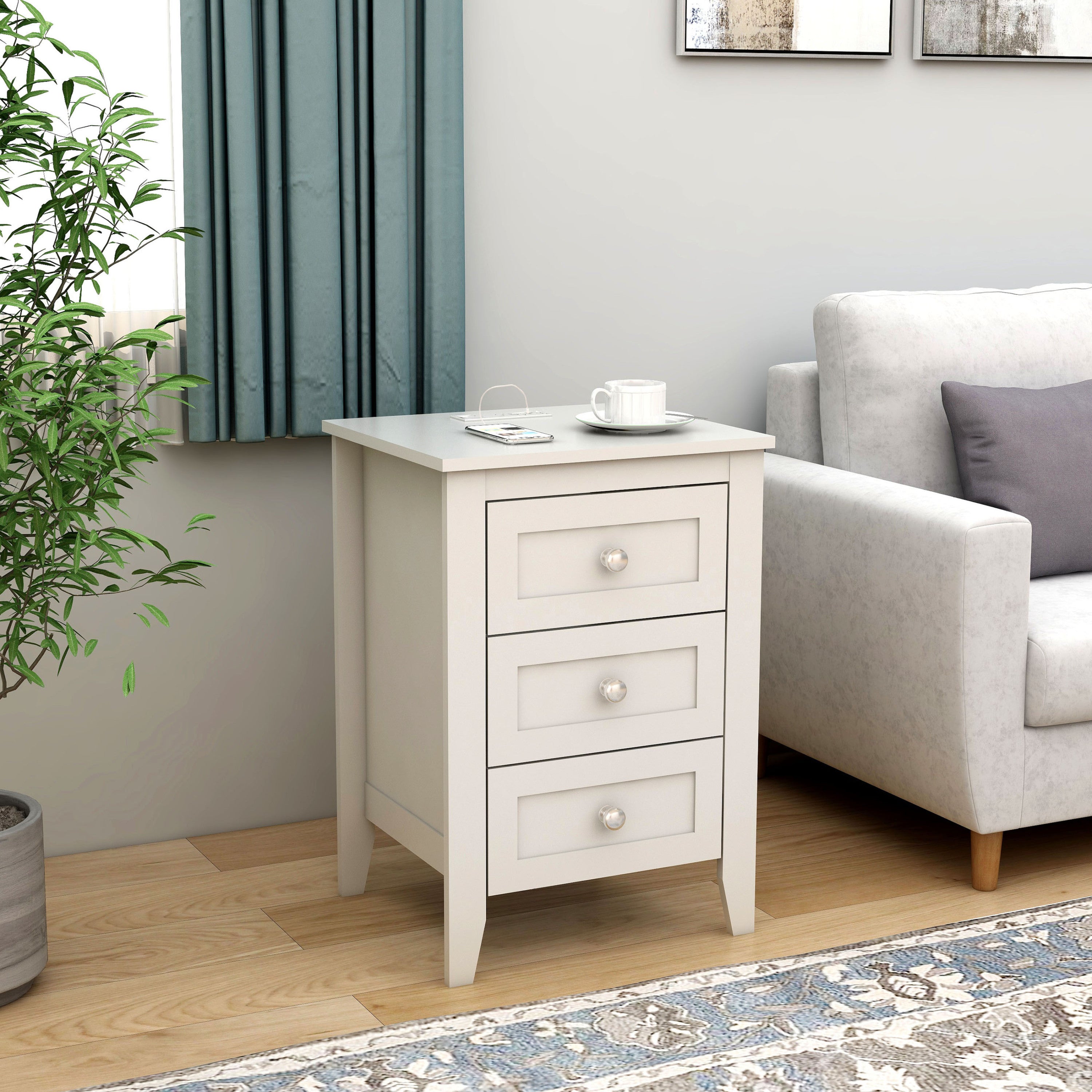 Demarco White 3 Drawer Nightstand with Charging Station