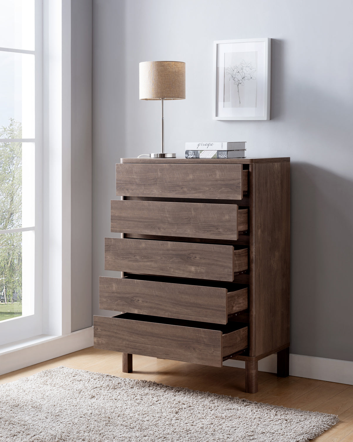 Juraro Contemporary Bedroom 5 Drawer Chest in Dark Brown