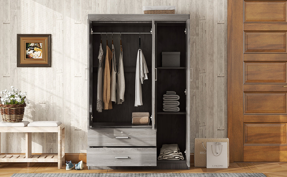 3-Door Mirror Wardrobe with (2) Drawers in Gray