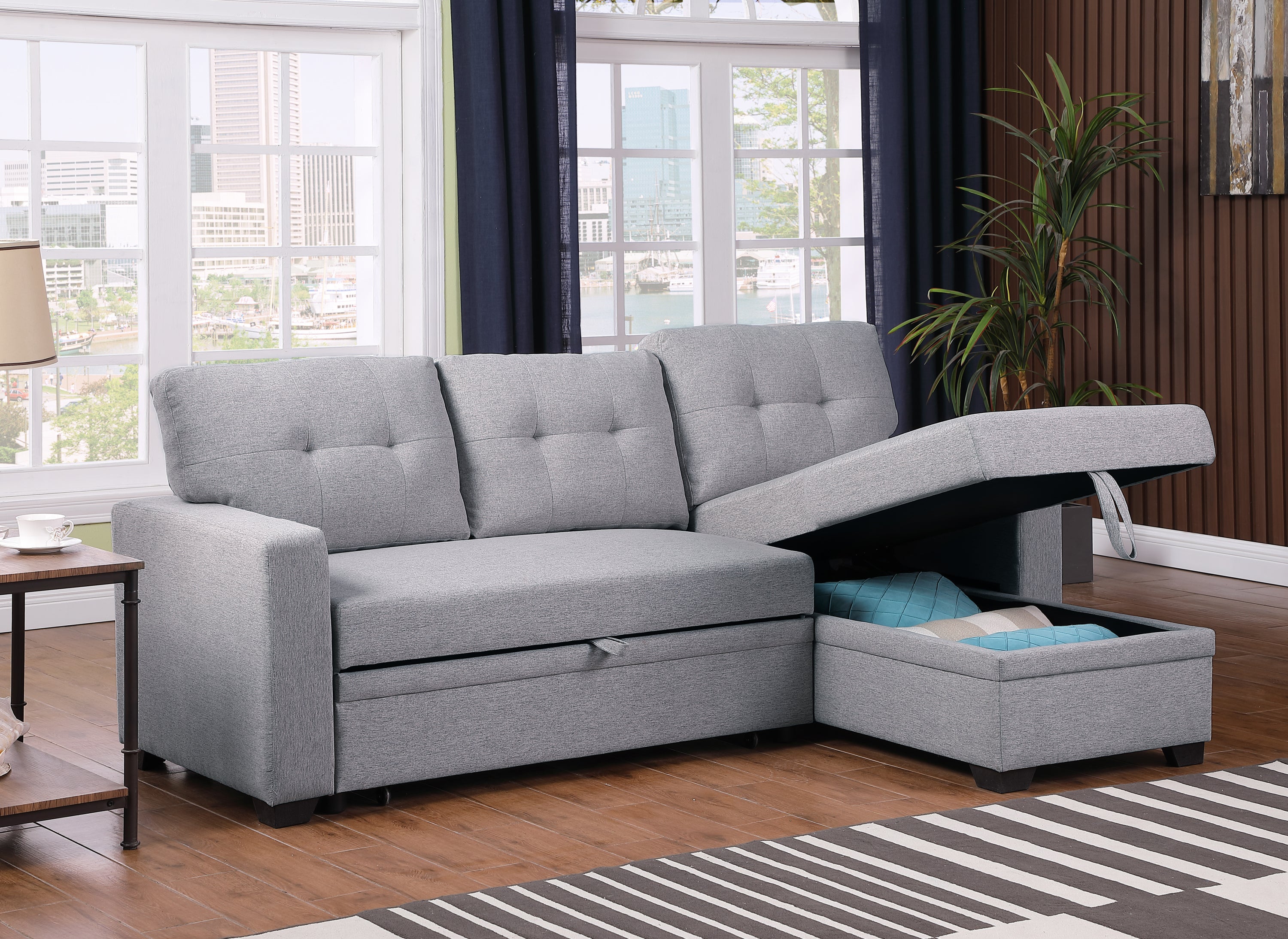 Orion Grey Upholstered Pull out Sectional Sofa