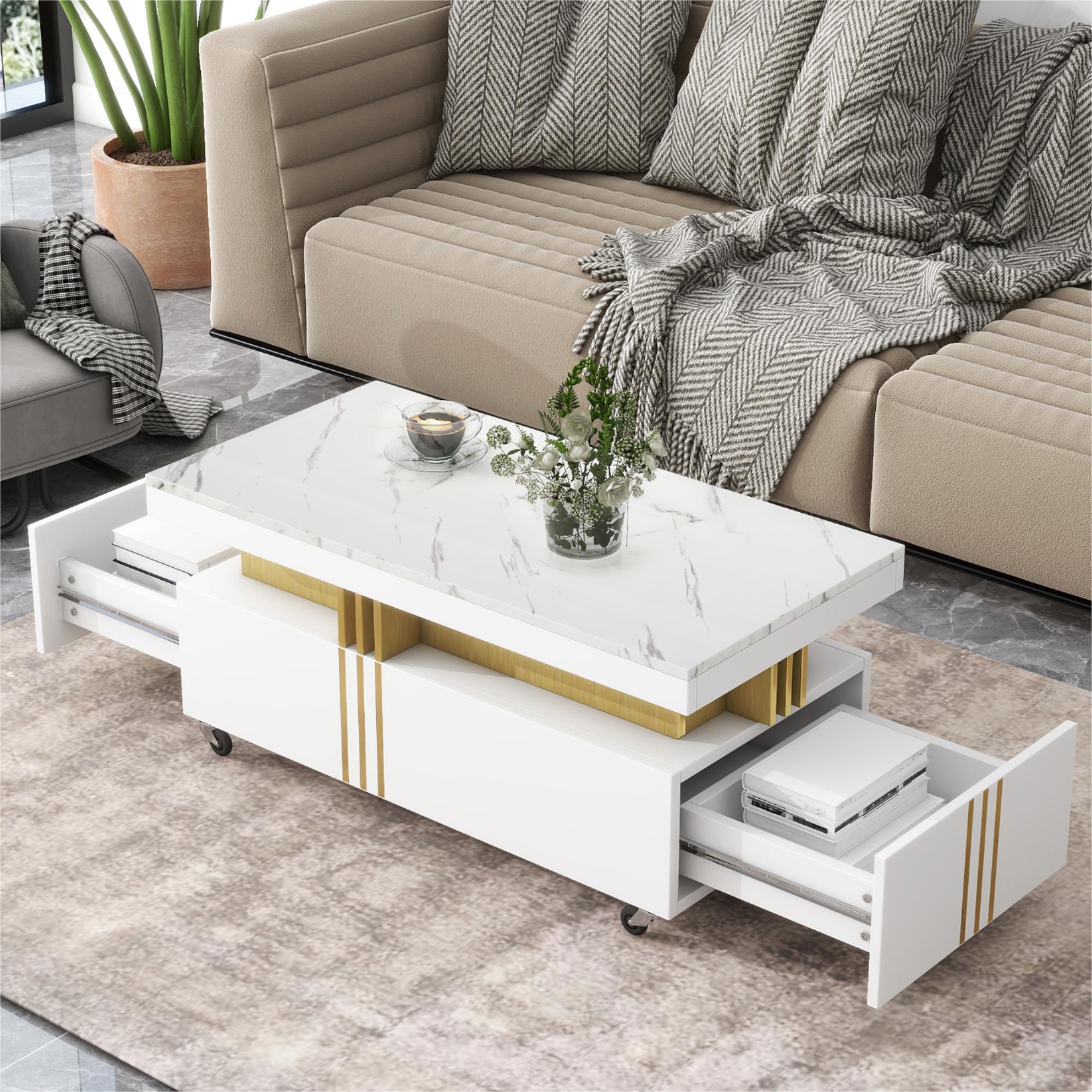 Horizon White Coffee Table with Faux Marble Top
