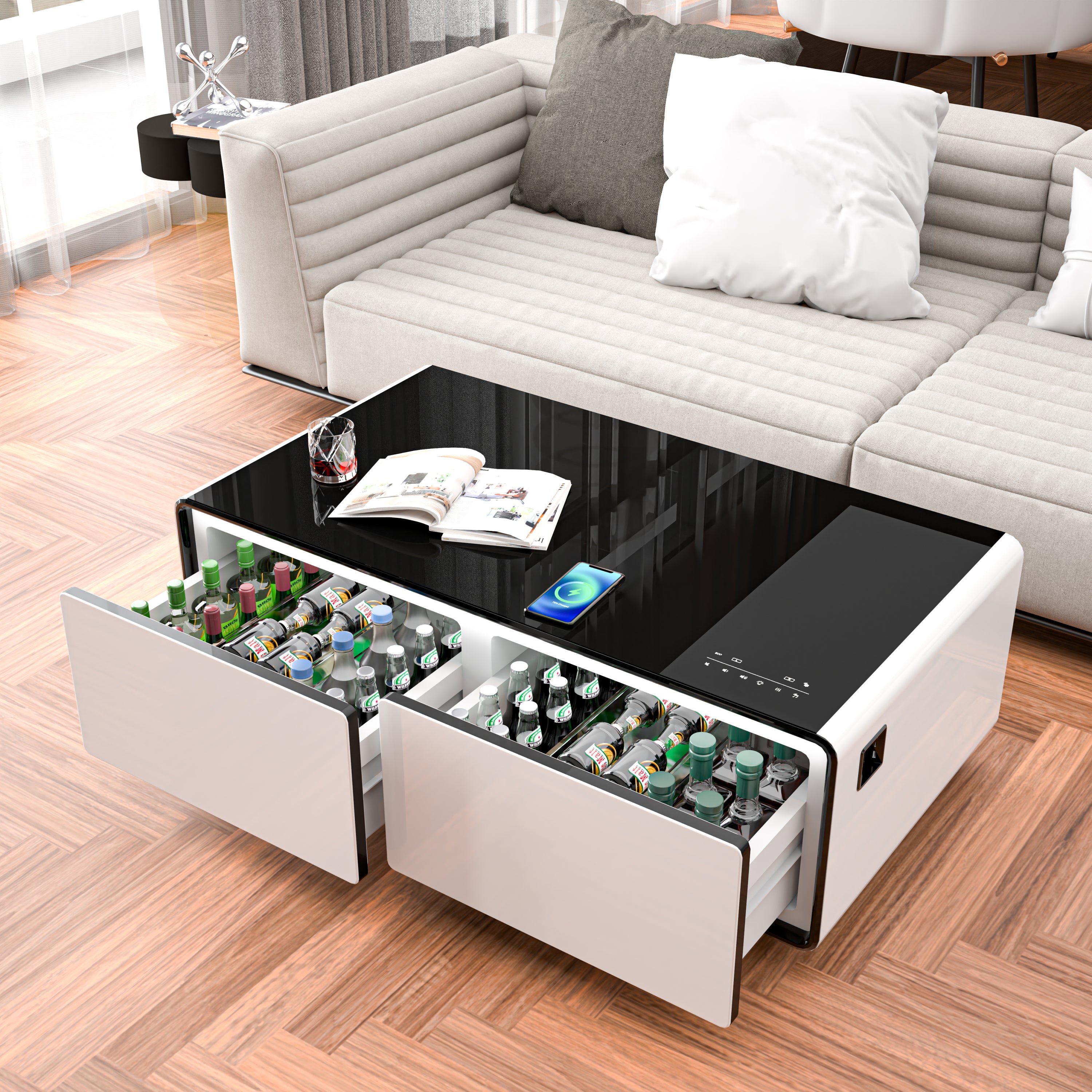 Live Up White Modern Smart Coffee Table with Built-in Fridge