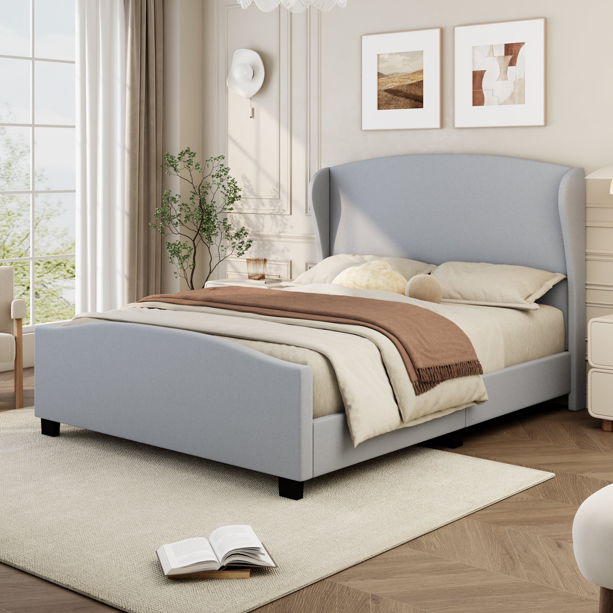 Calma Grey Wingback Linen Upholstered Queen Bed