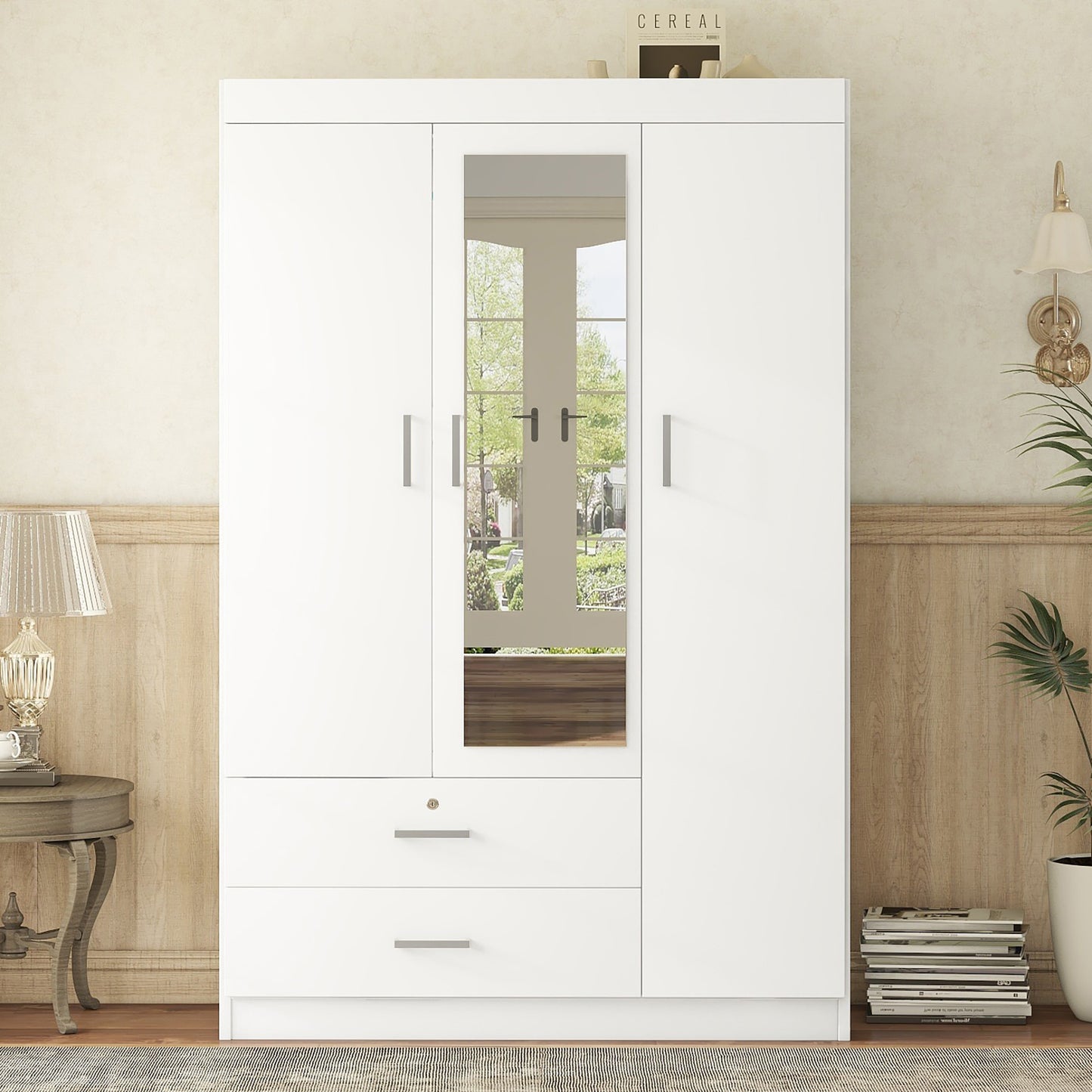 3-Door Mirror Wardrobe with shelves in White