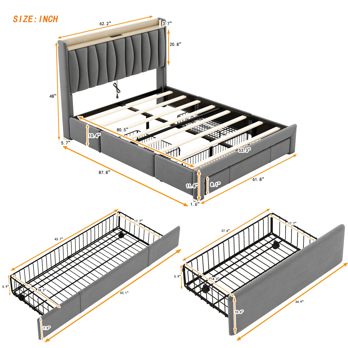 Brinxton Queen Size Bed Frame with Storage Headboard and Charging Station