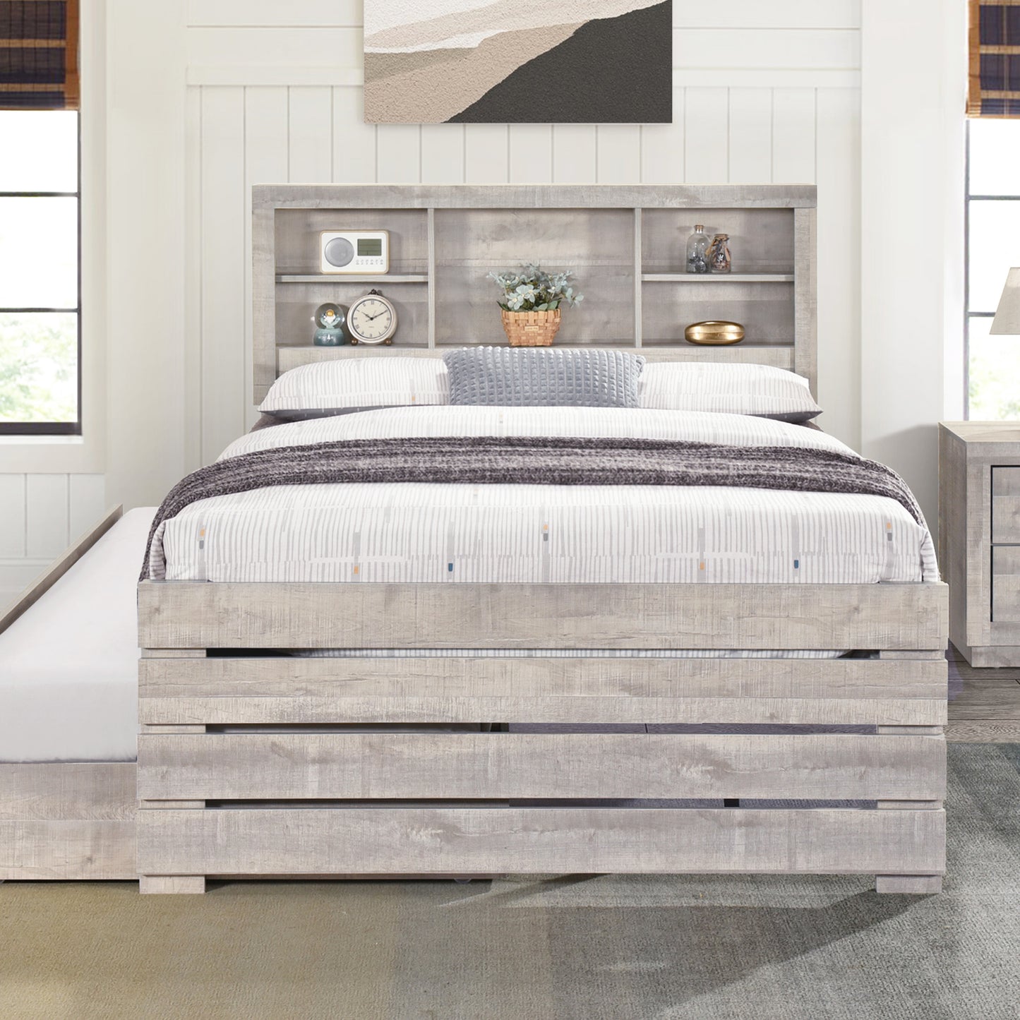 Brazen Farmhouse Style Full Size Bookcase Captain Bed and Nightstand in Rustic White