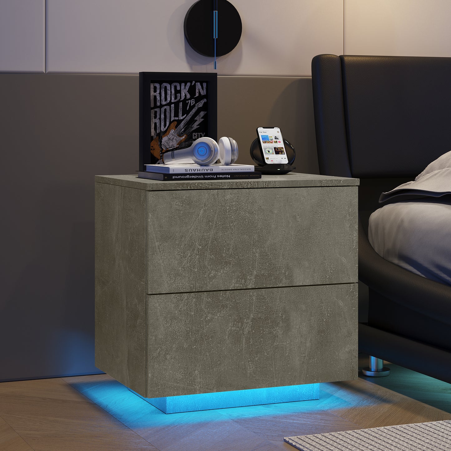 Nightstand with LED Strip Lights in Grey Finish