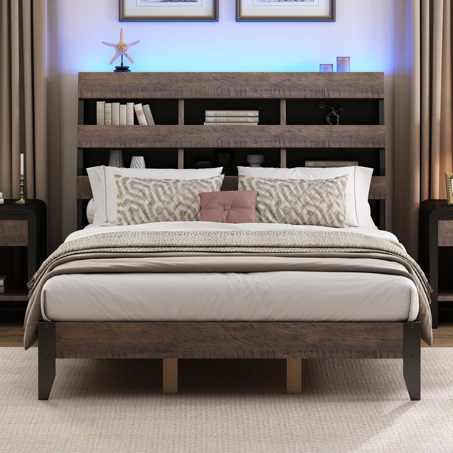 Mid Century Modern Style Queen Bed Frame with Bookshelf and LED Lights and USB Port and Two Nightstands, Walnut and Black