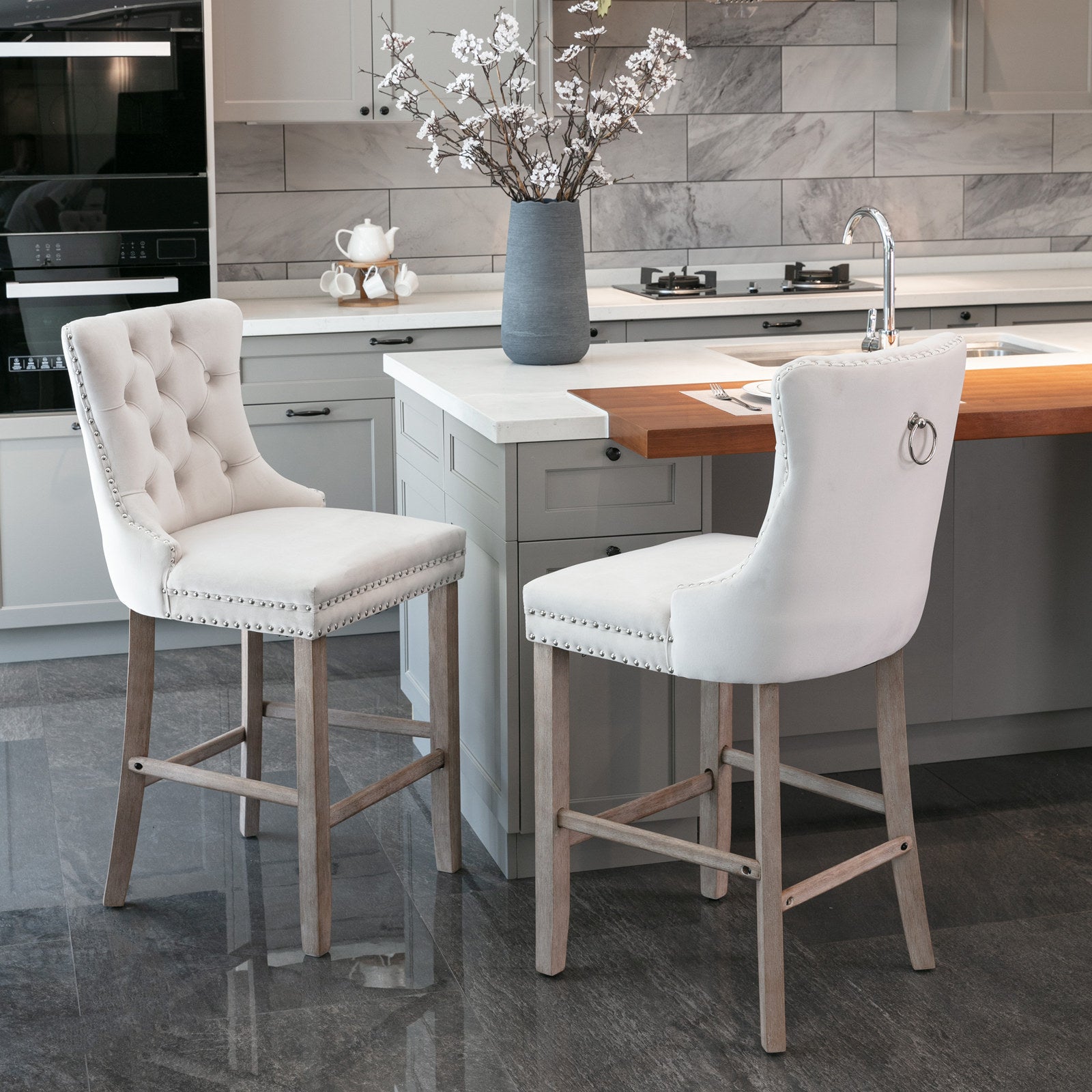 LuxeBar Set of 2 Beige Velvet Bar Stools, Button Tufted with Wooden Legs