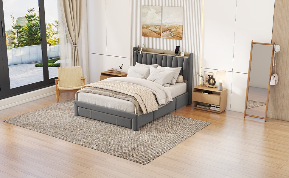 Brinxton Queen Size Bed Frame with Storage Headboard and Charging Station