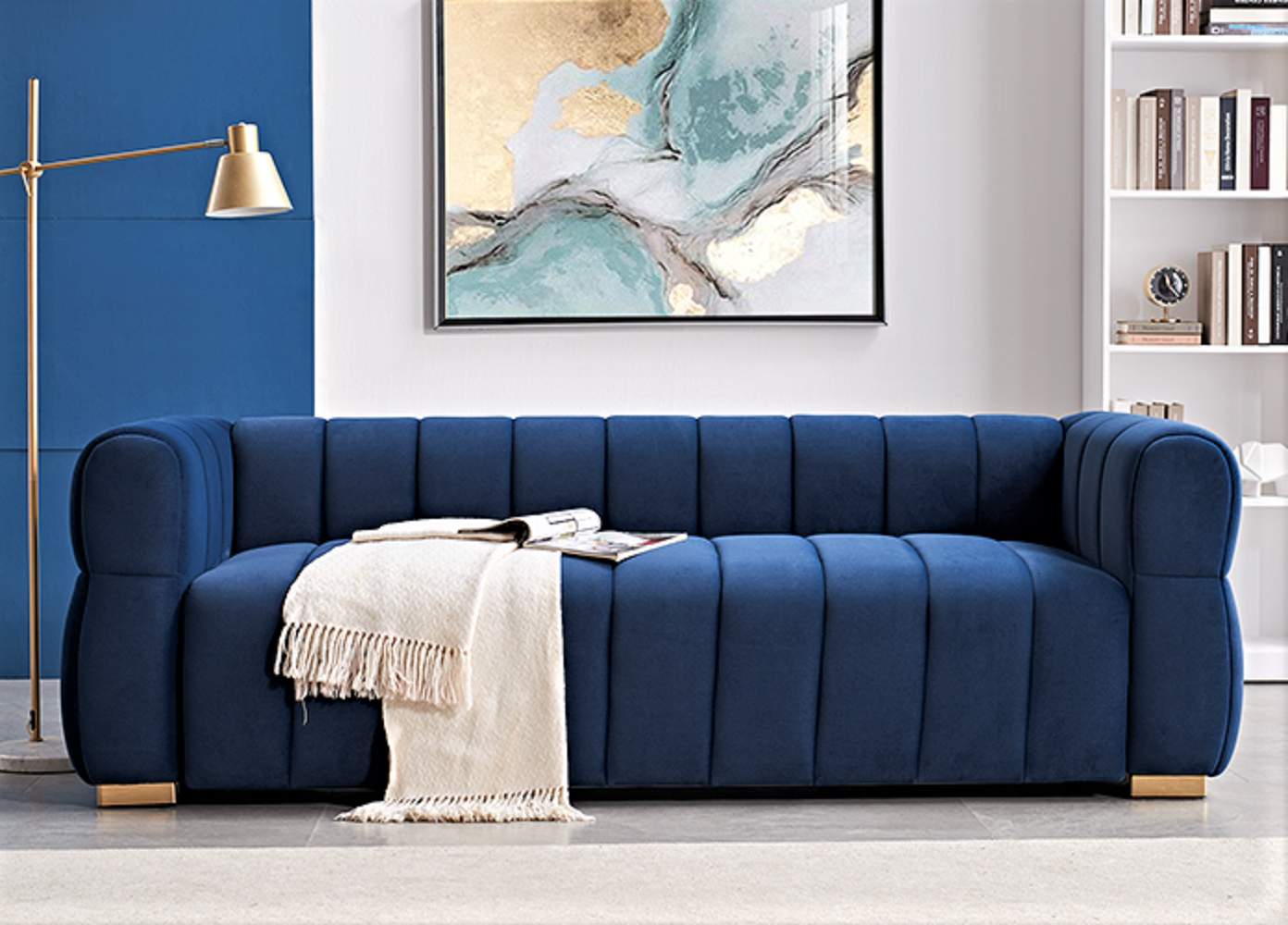 Lovelle Blue Velvet Sofa with Tufted Low Back