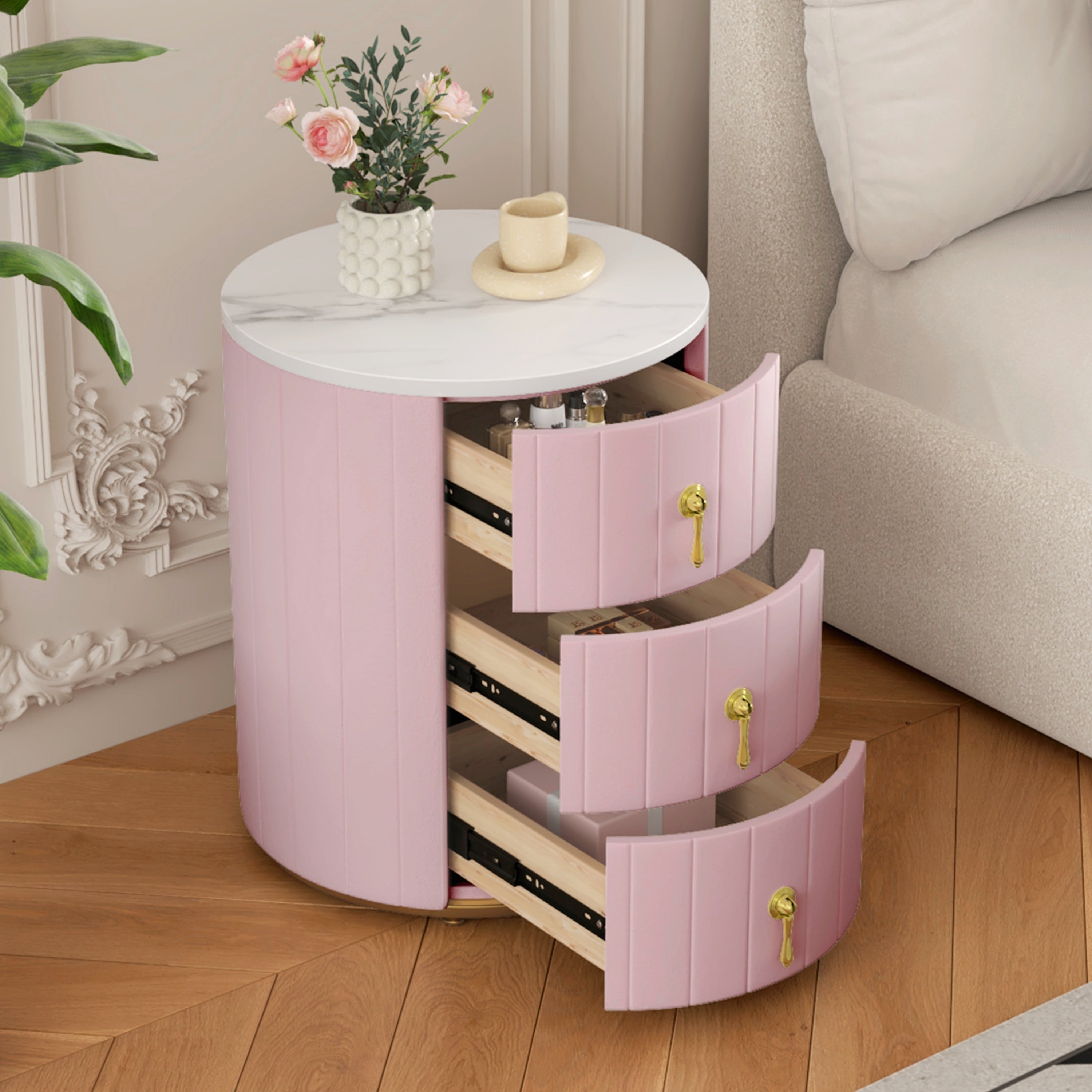 Orion Pink Upholstered Nightstand with 3 Drawers
