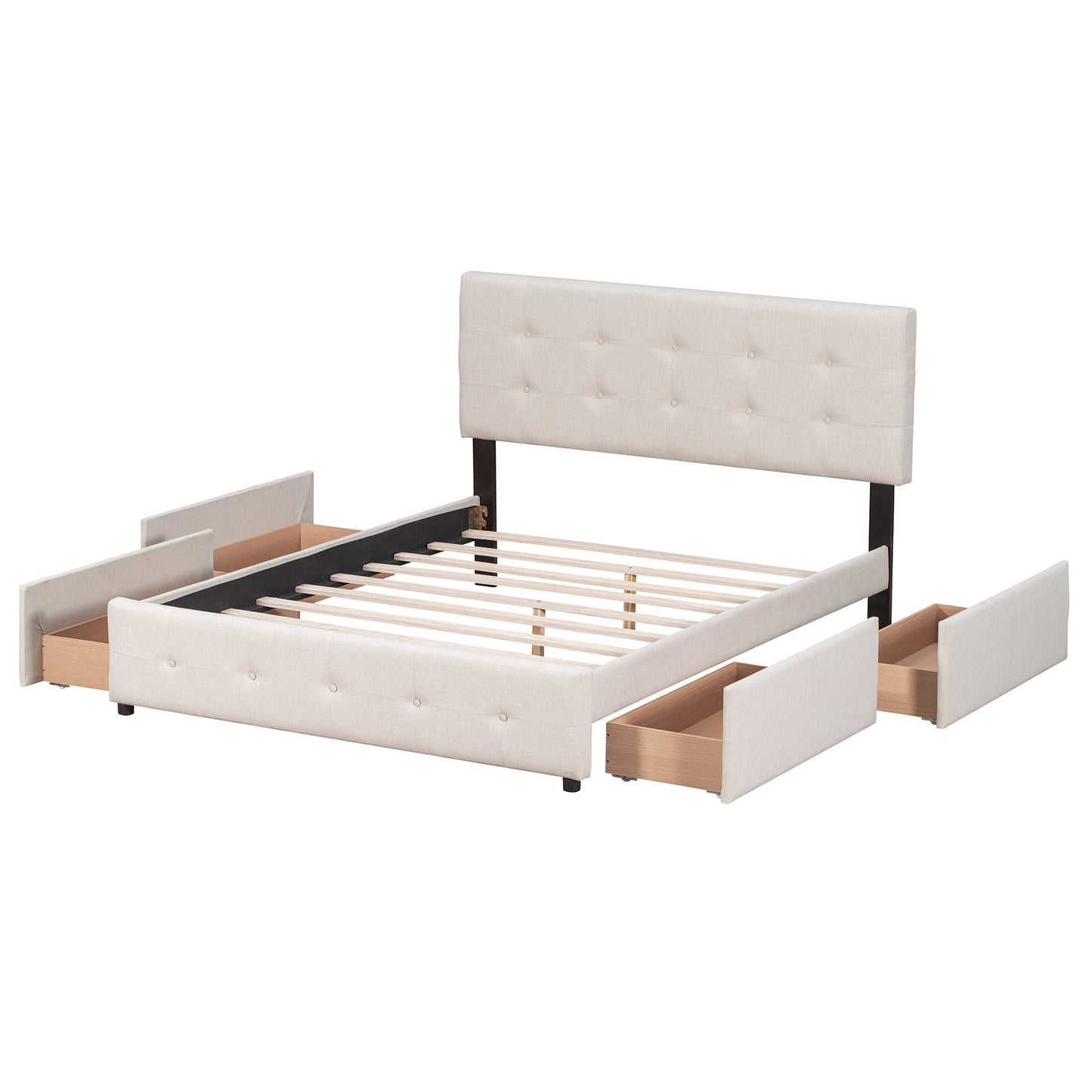 Upholstered Platform Bed with Classic Headboard and 4 Drawers