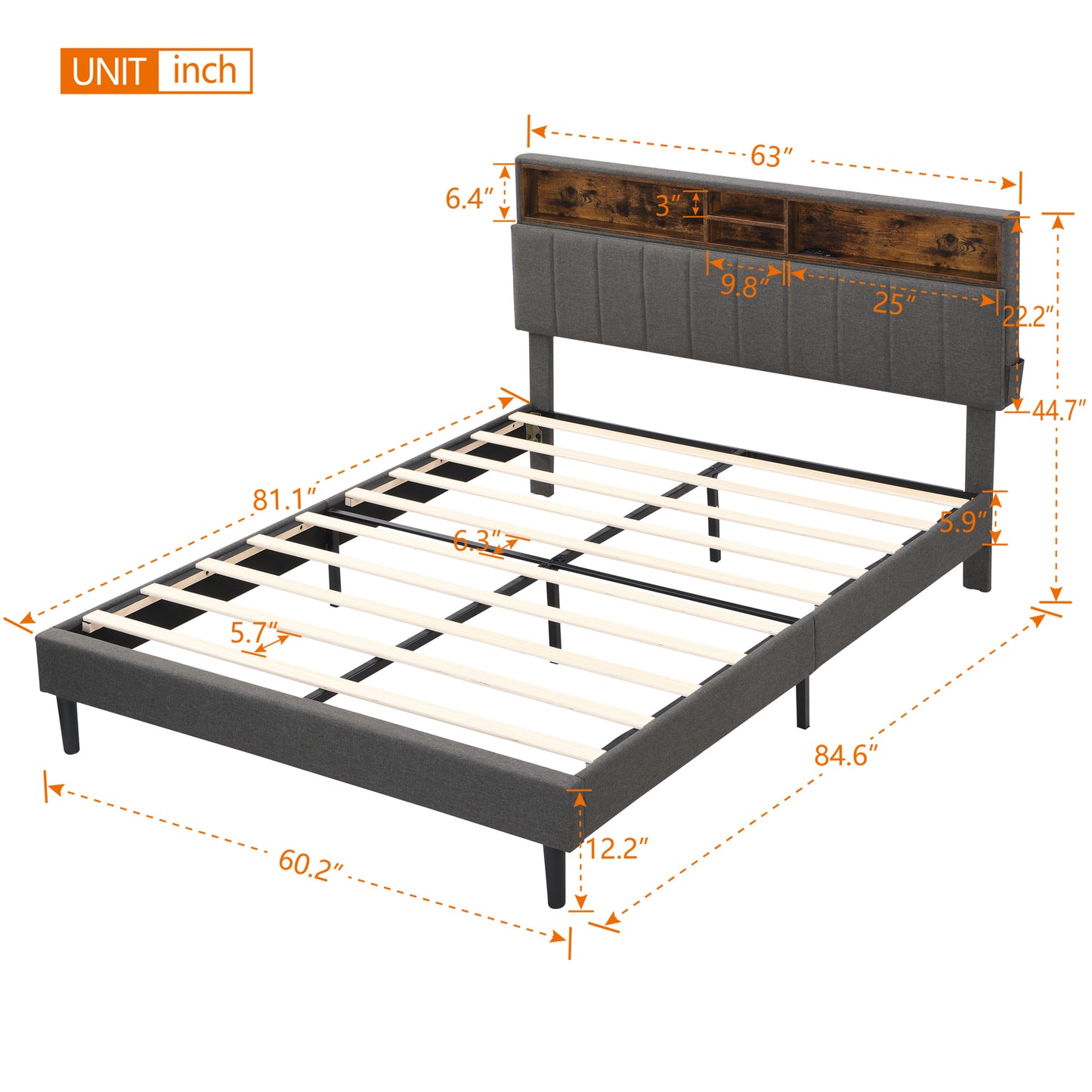 Henson Queen Size Upholstered Platform Bed with Storage Headboard and USB Port