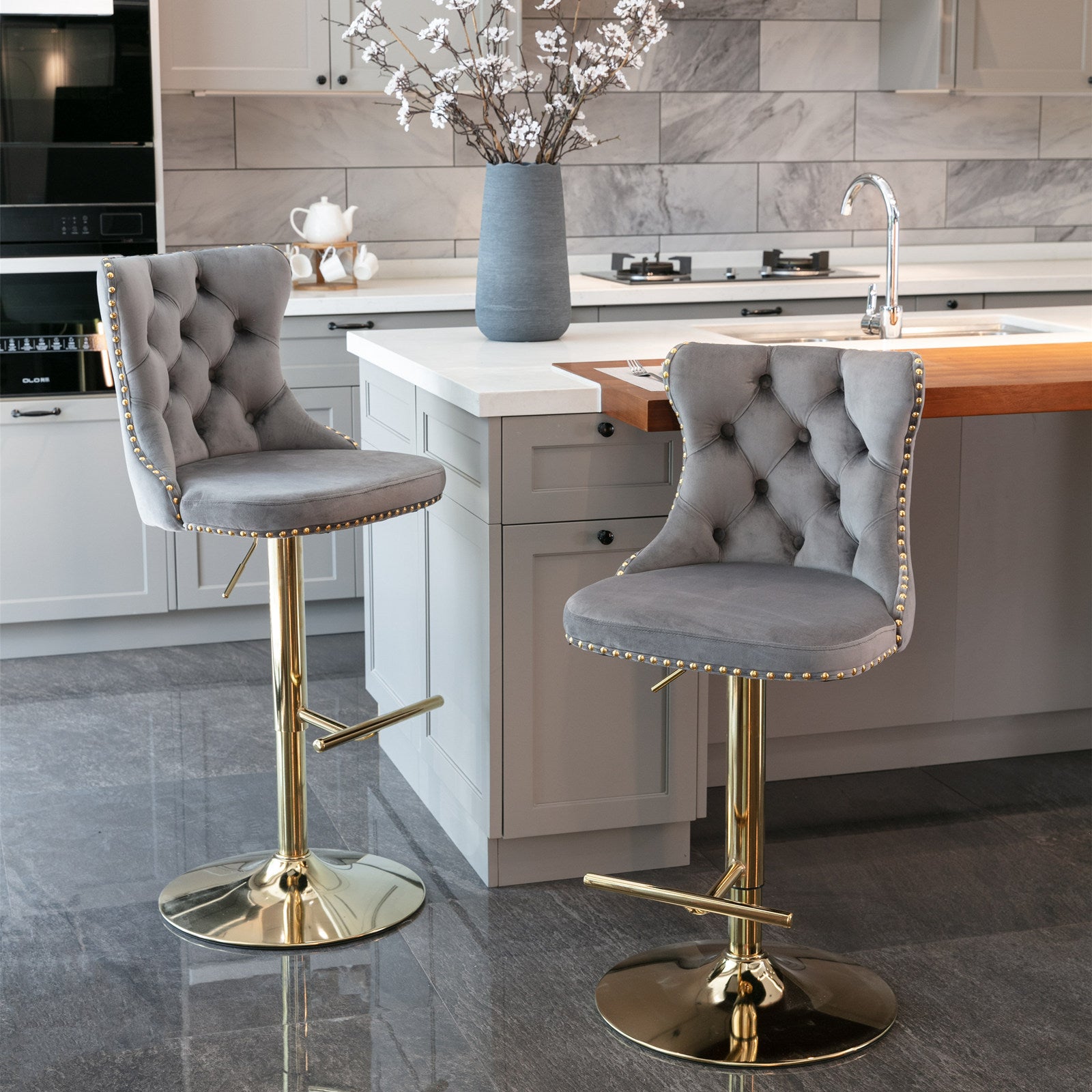 Central Grey Swivel  Adjustable Barstools (Set of 2)