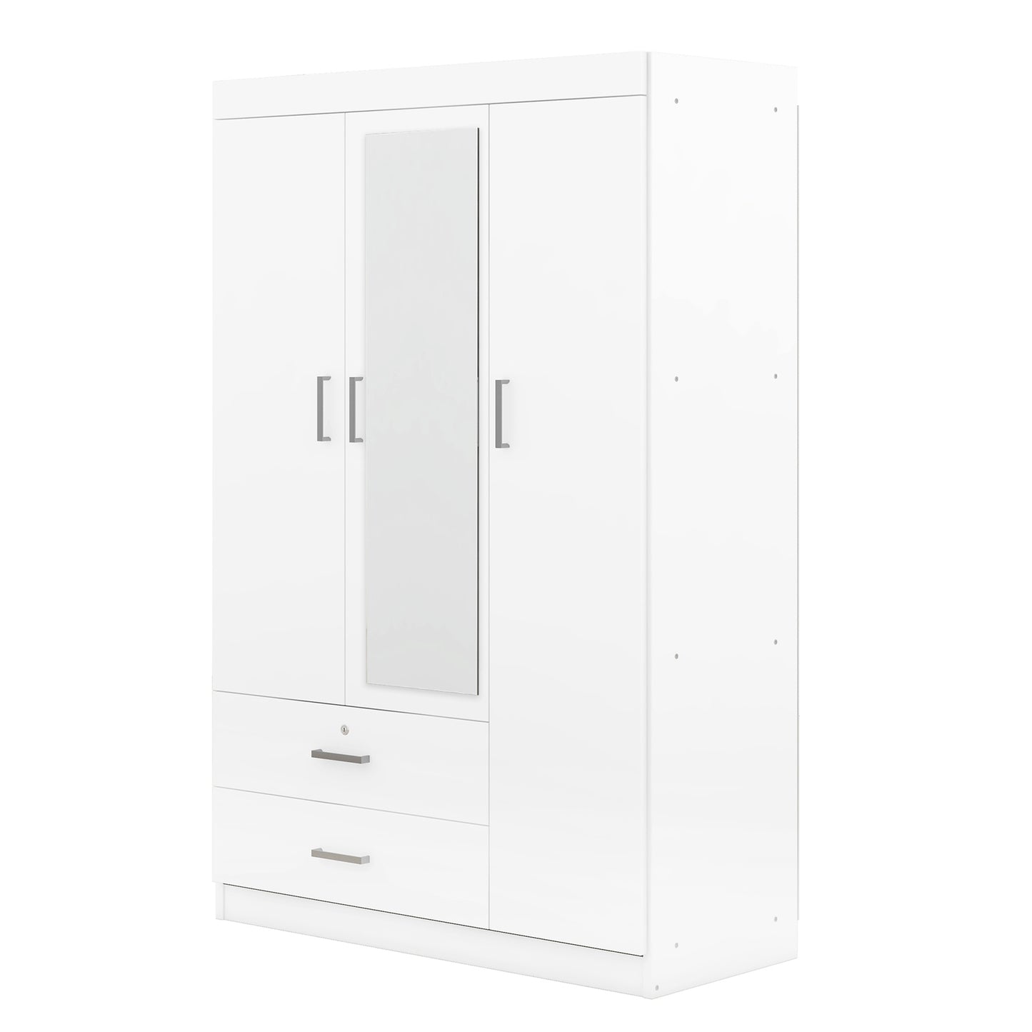 3-Door Mirror Wardrobe with shelves in White