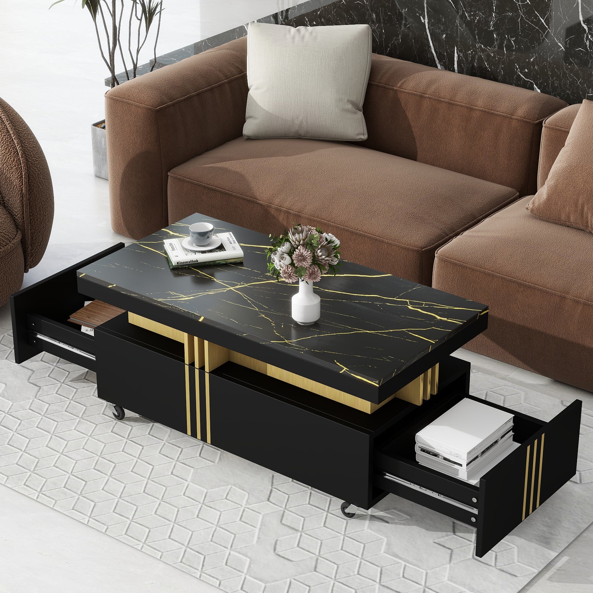Horizon Black Coffee Table with Faux Marble Top