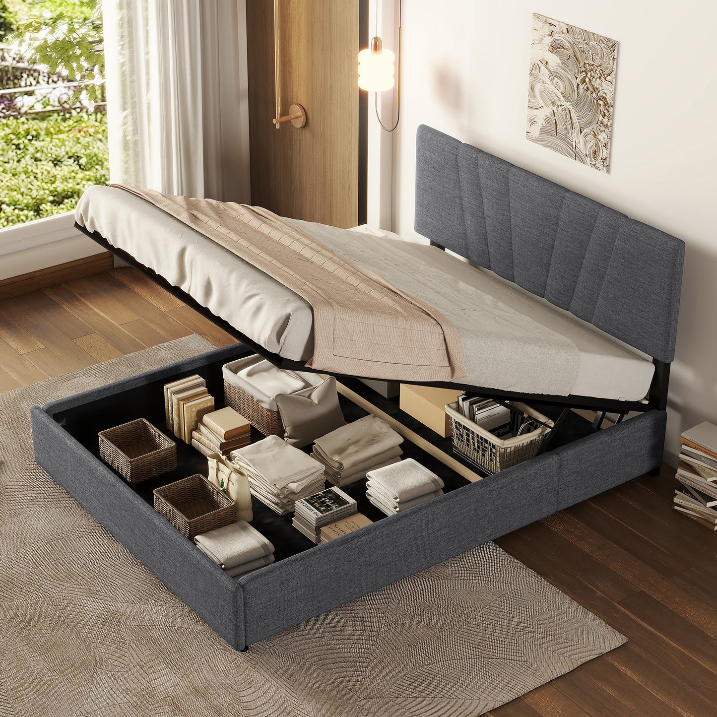 Full Upholstered Platform Bed with Lifting Storage in Grey Linen