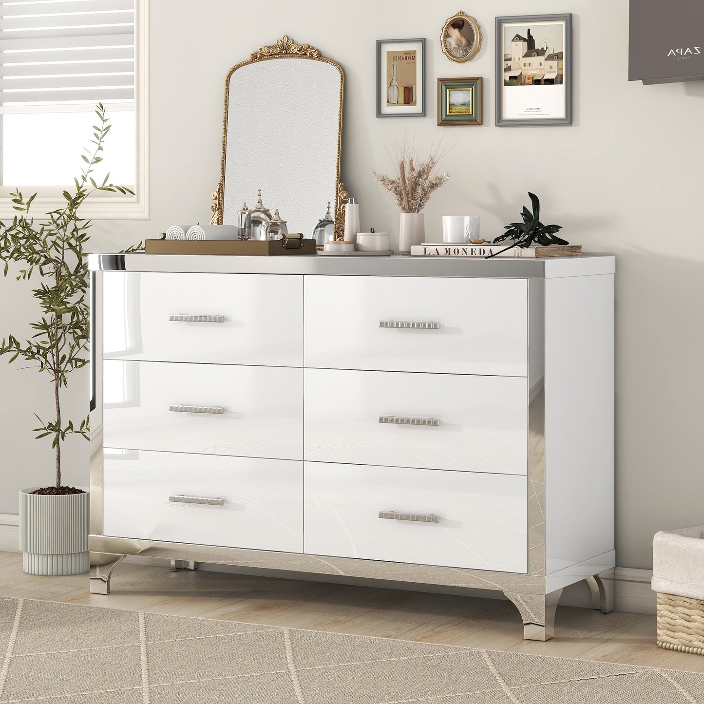 Elisa Elegant High Gloss Dresser with Metal Handles