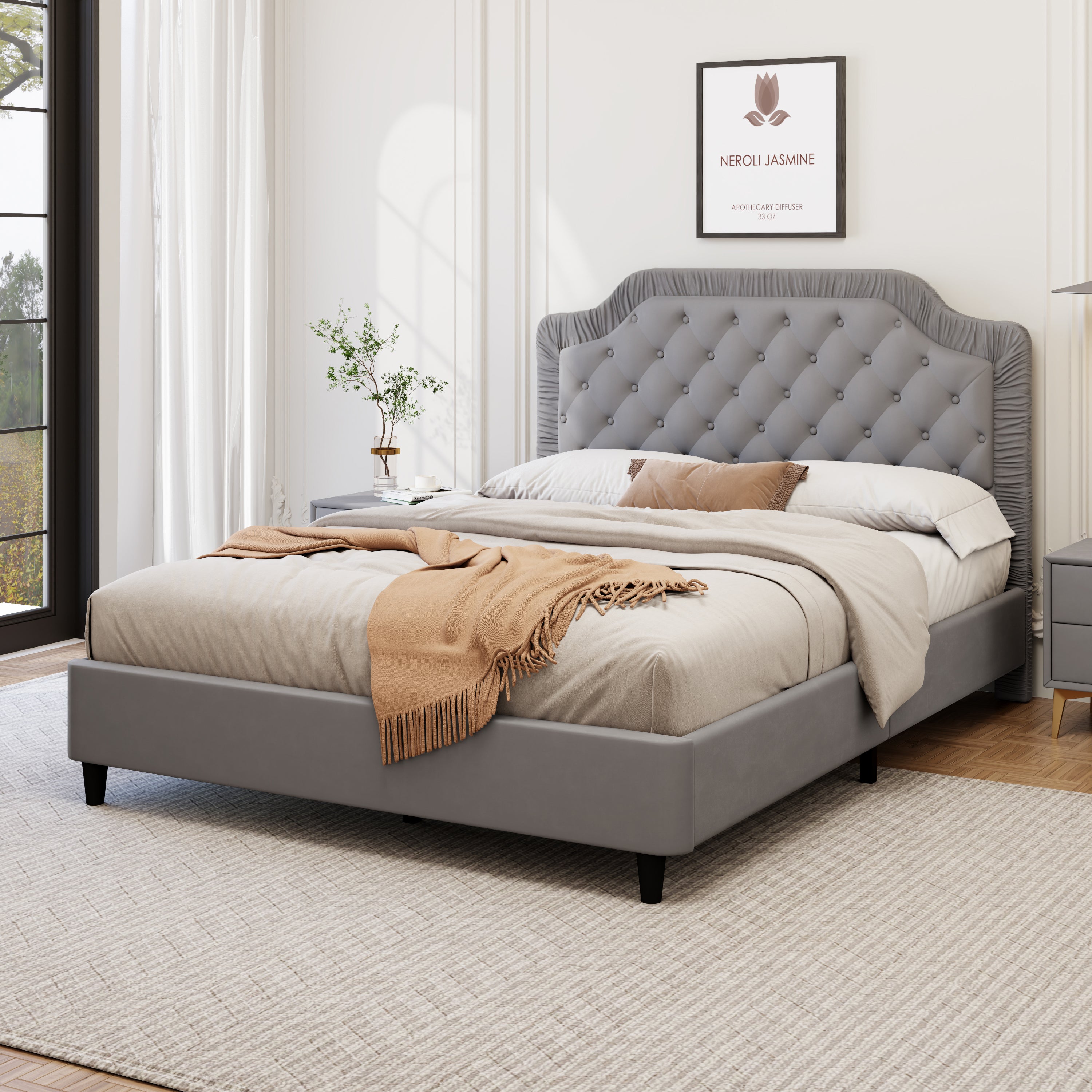 Serenity Grey Queen Upholstered Bed with Tufted Headboard