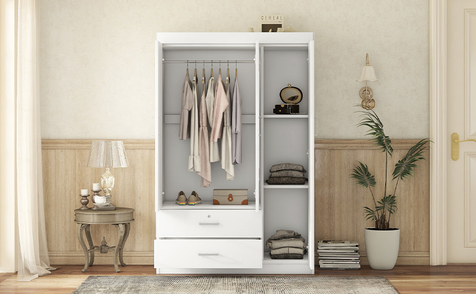 3-Door Mirror Wardrobe with shelves in White