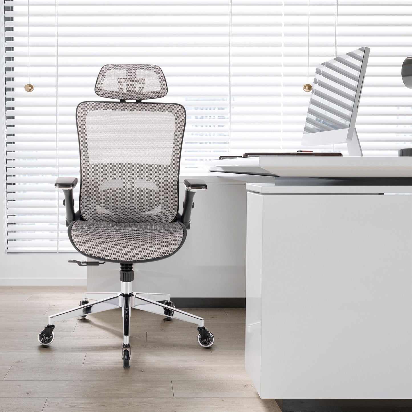 Ergona Grey Mesh Office Chair w/ Adjustable Headrest with Flip-Up Arms