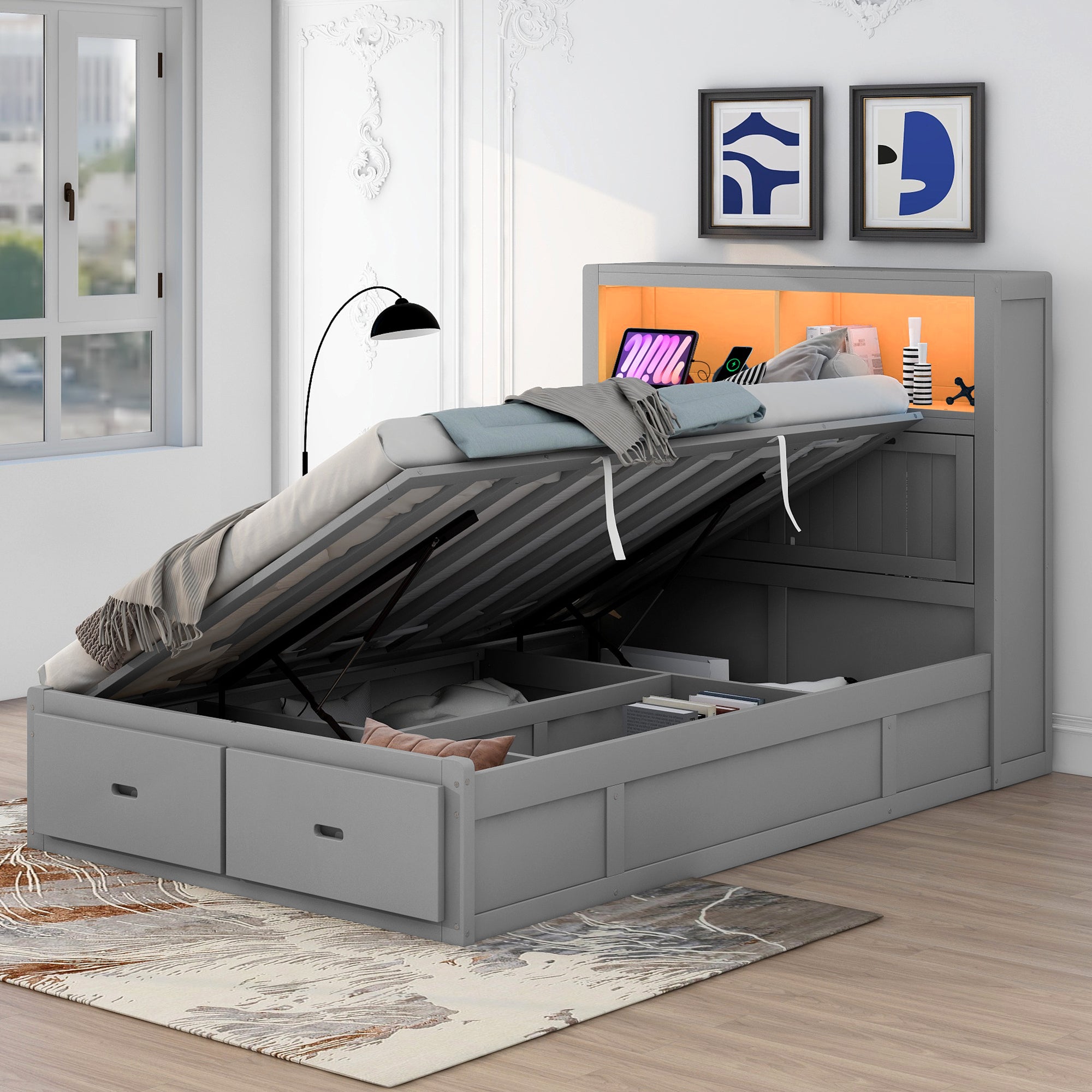 Tempo Grey White Full Size Hydraulic Platform Bed