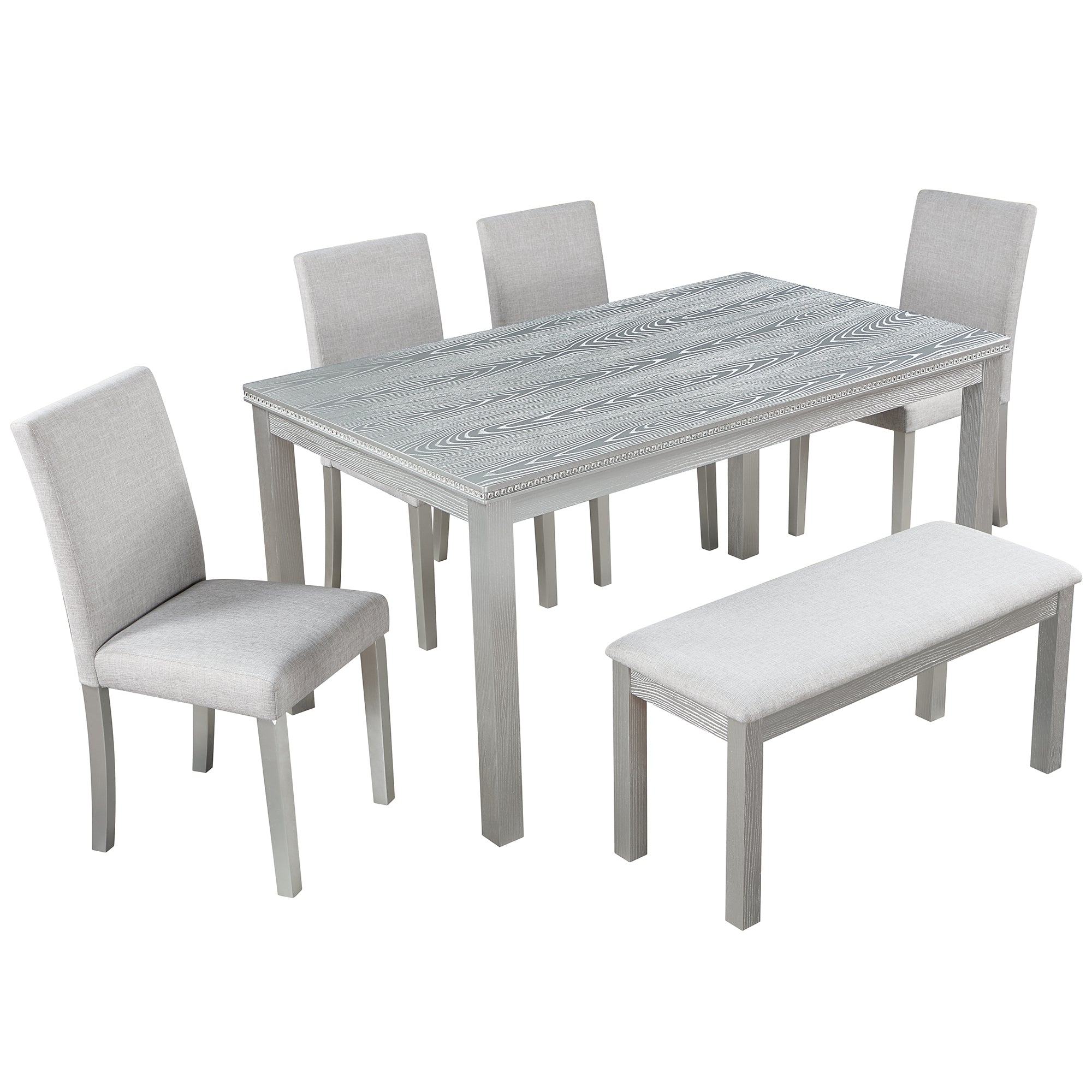 LuxeWood 6-Piece Wooden Dining Table Set with Chairs & Bench, Silver Grey
