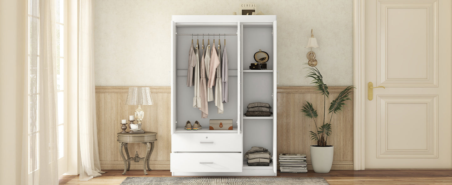 3-Door Mirror Wardrobe with shelves in White