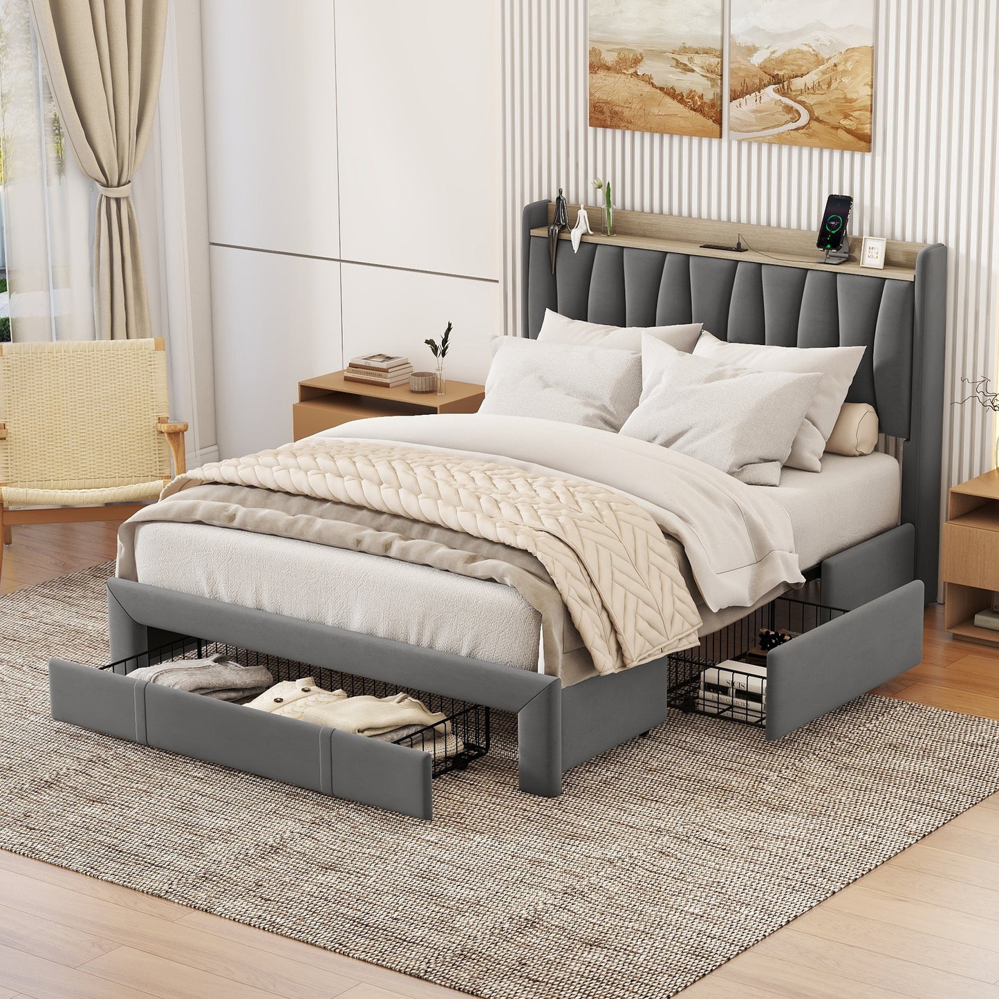 Brinxton Queen Size Bed Frame with Storage Headboard and Charging Station