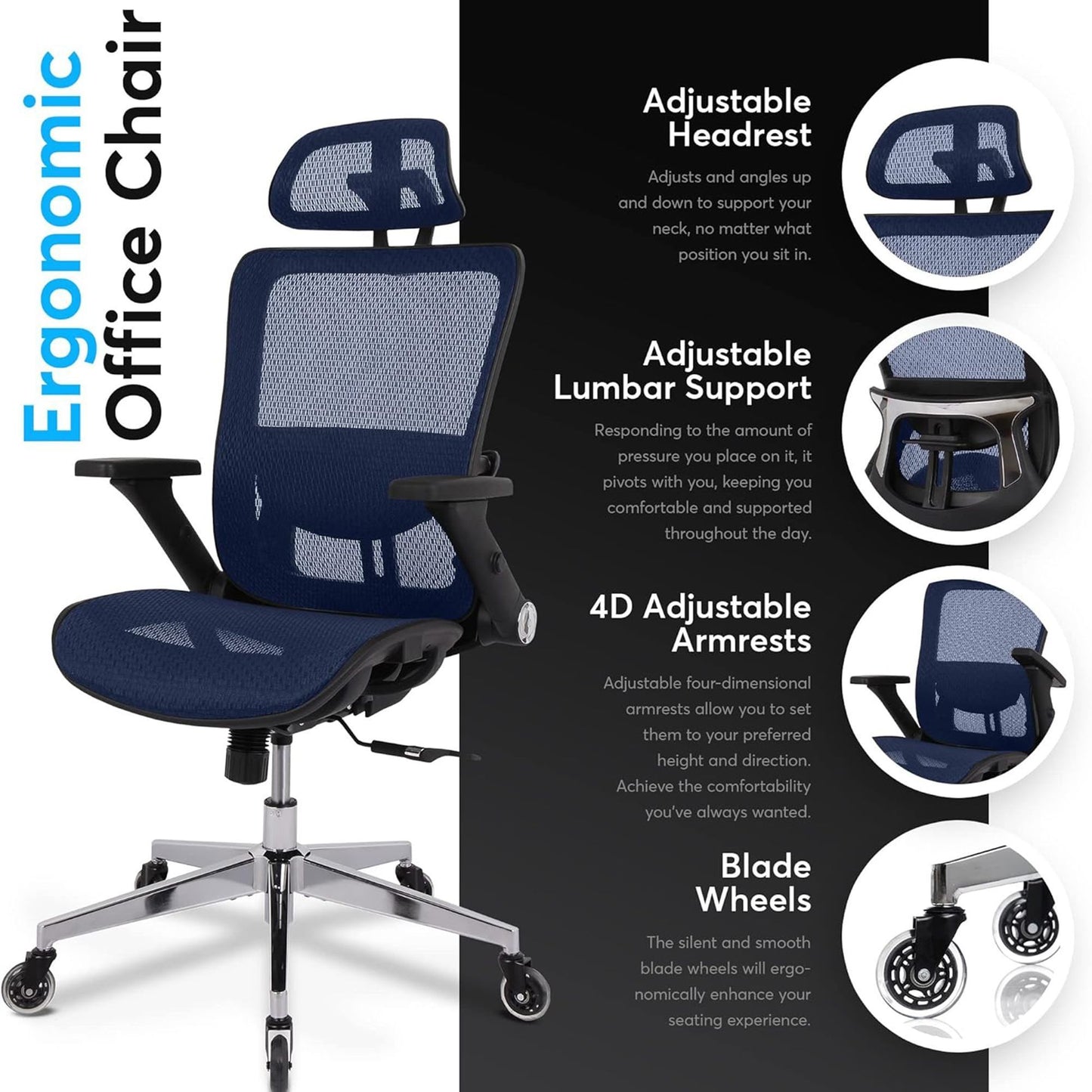 Kimmie Blue Office Chair w/ Adjustable Headrest with Flip-Up Arms