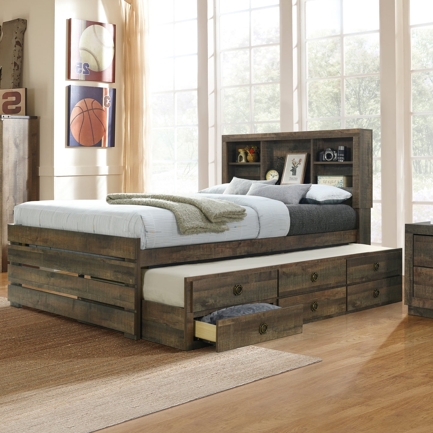 Jordan Farmhouse Style Twin Size Bookcase Captain Bed and Nightstand in Rustic Brown