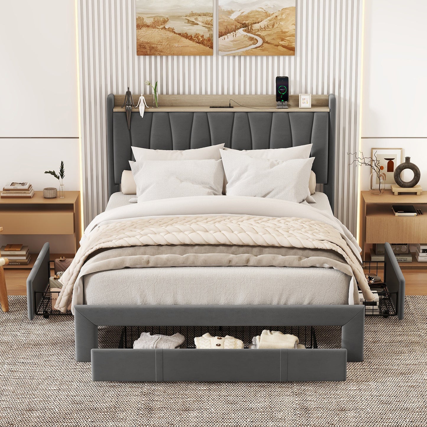 Brinxton Queen Size Bed Frame with Storage Headboard and Charging Station