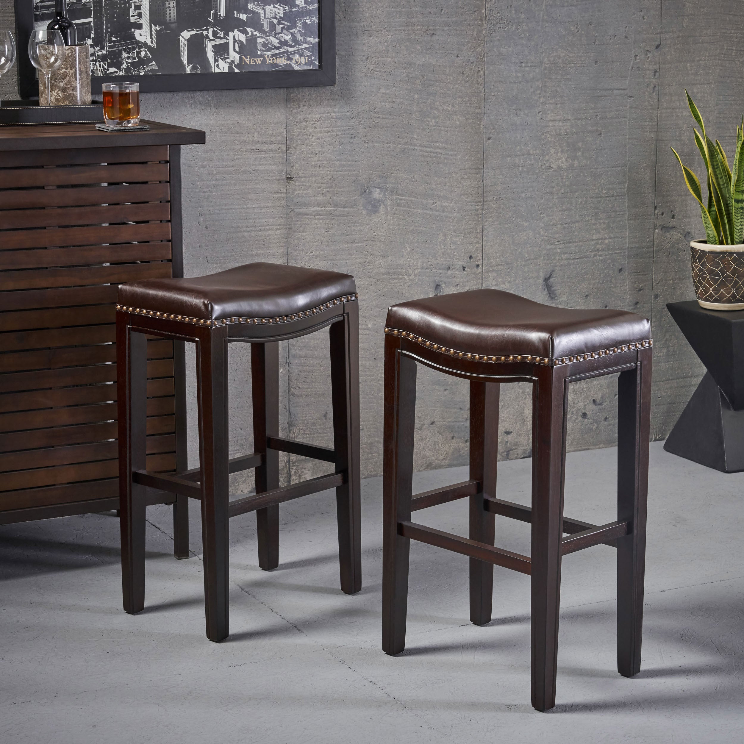 Tiffin Set of 2 Studded Bar Stools, Upholstered Counter Height Chairs