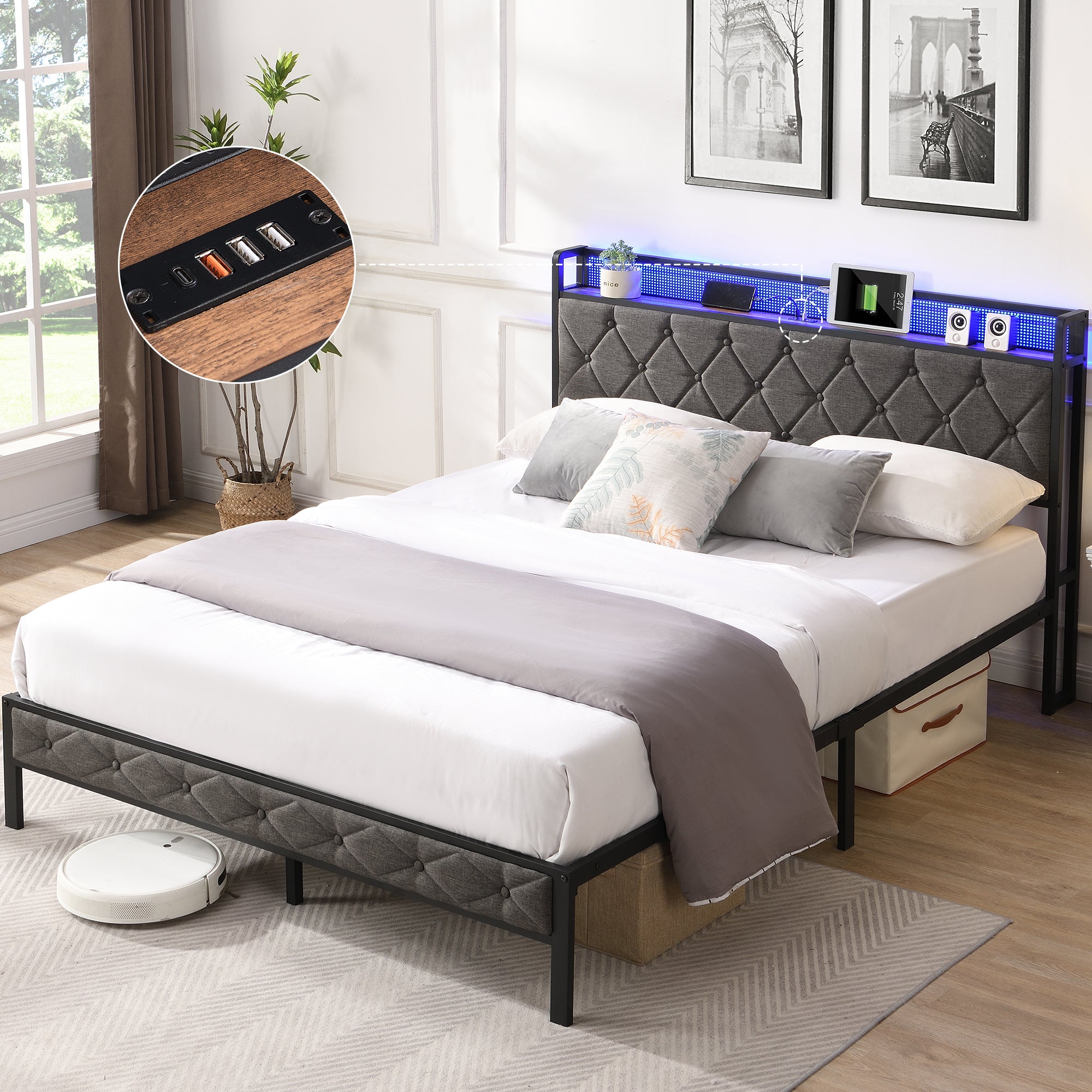 Mono Queen Bed Frame with Storage Headboard