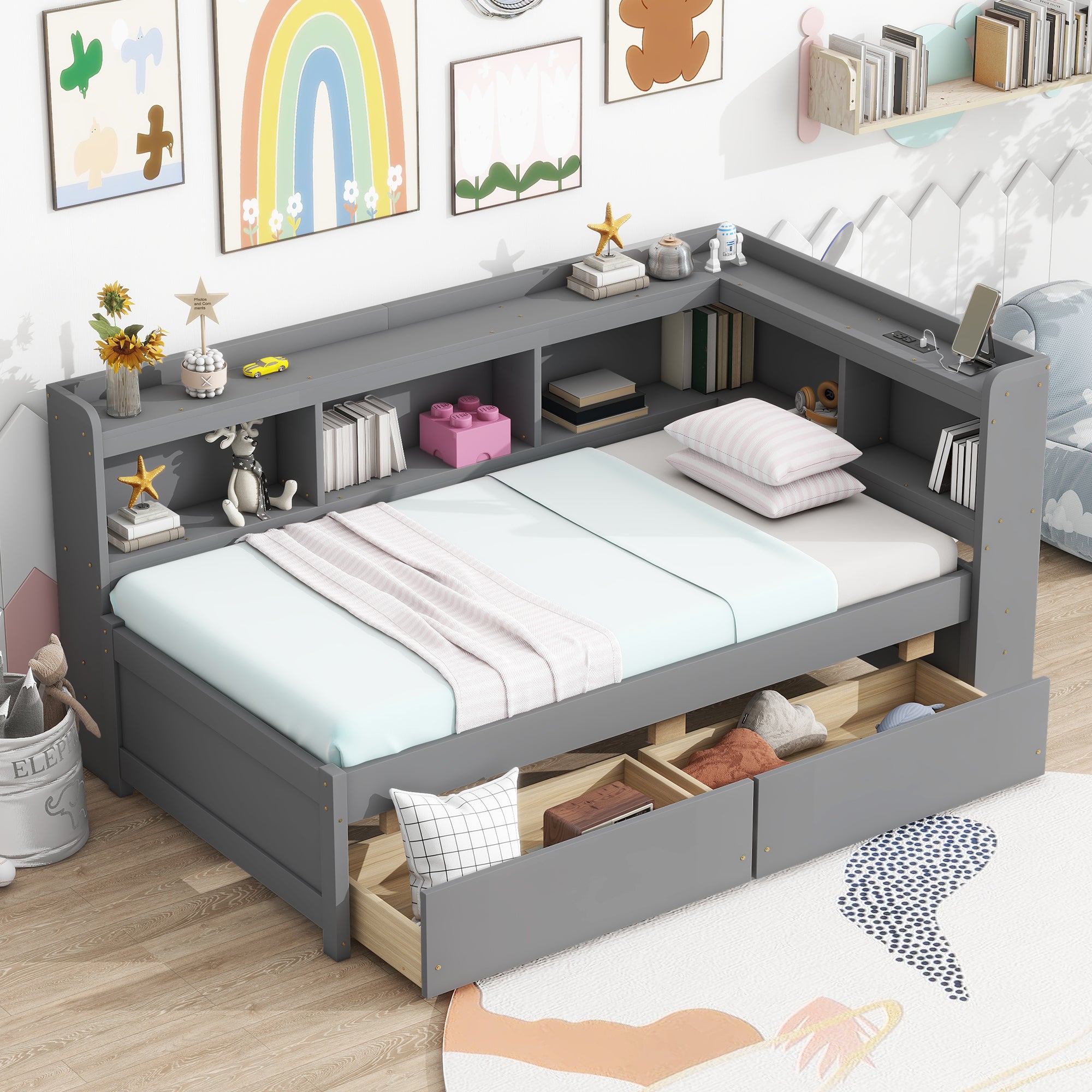 Edge Haven Twin L-shaped Bookcases Bed