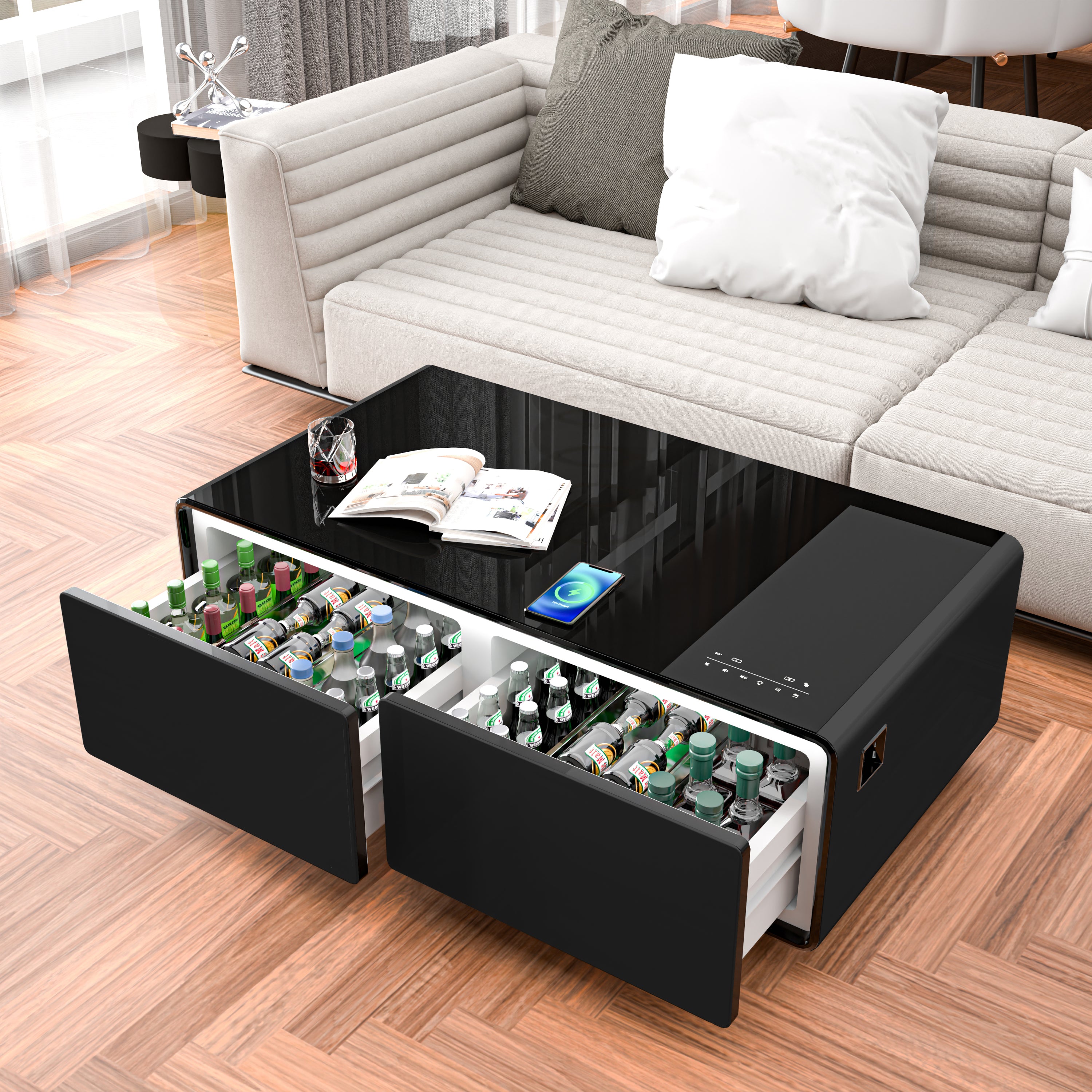 Live Up Black Modern Smart Coffee Table with Built-in Fridge