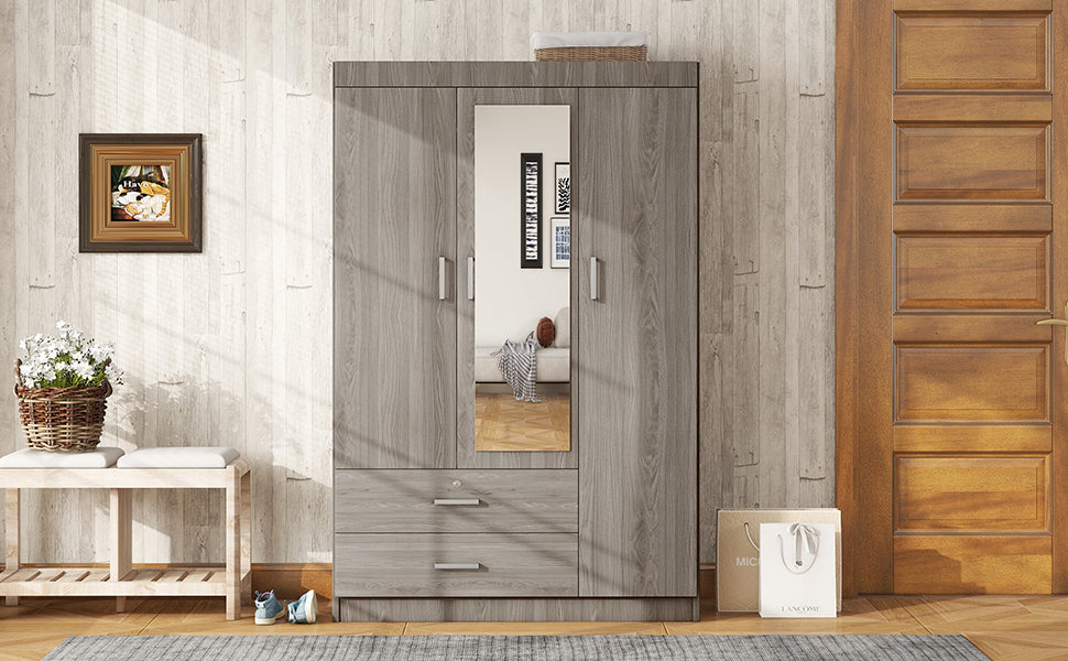 3-Door Mirror Wardrobe with (2) Drawers in Gray