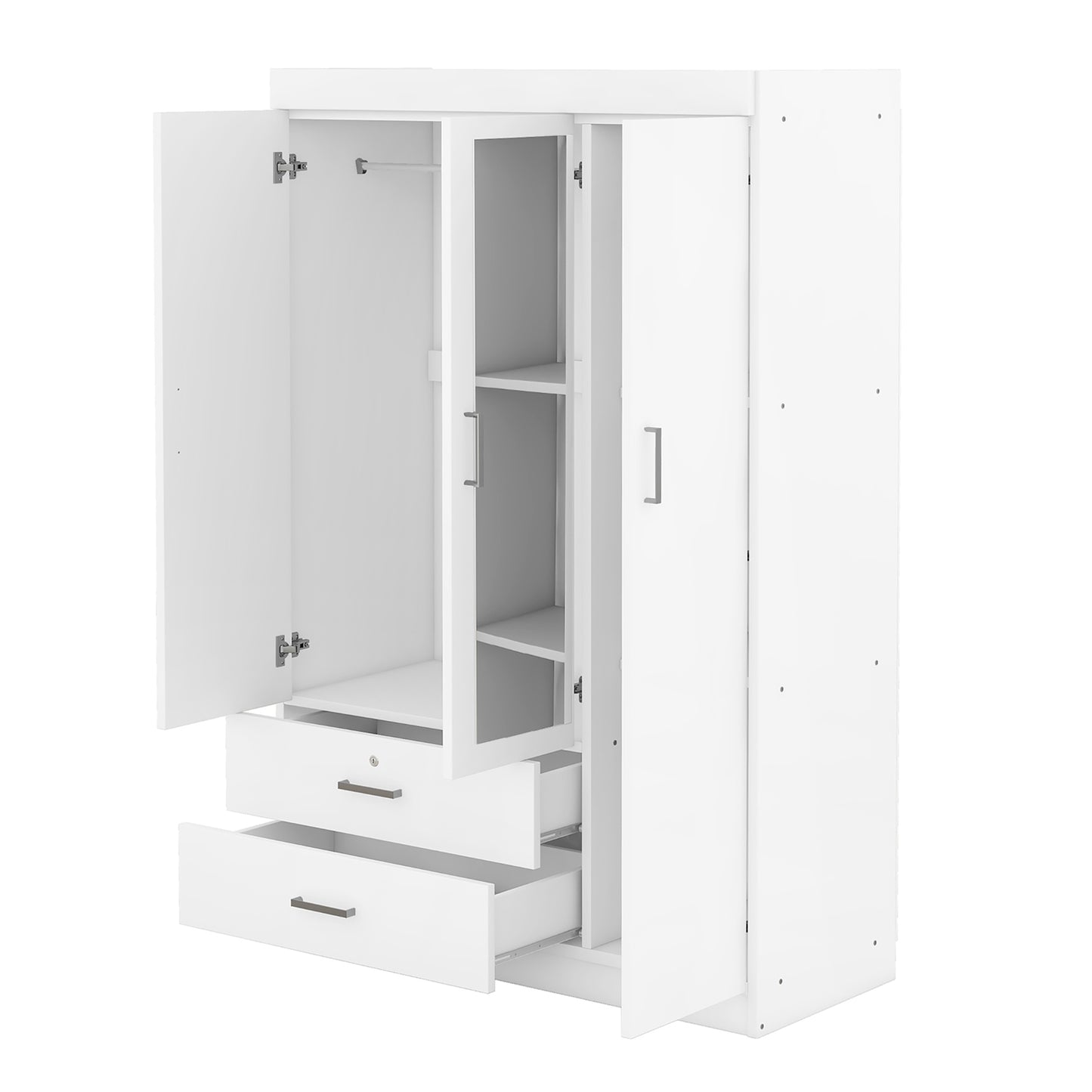 3-Door Mirror Wardrobe with shelves in White