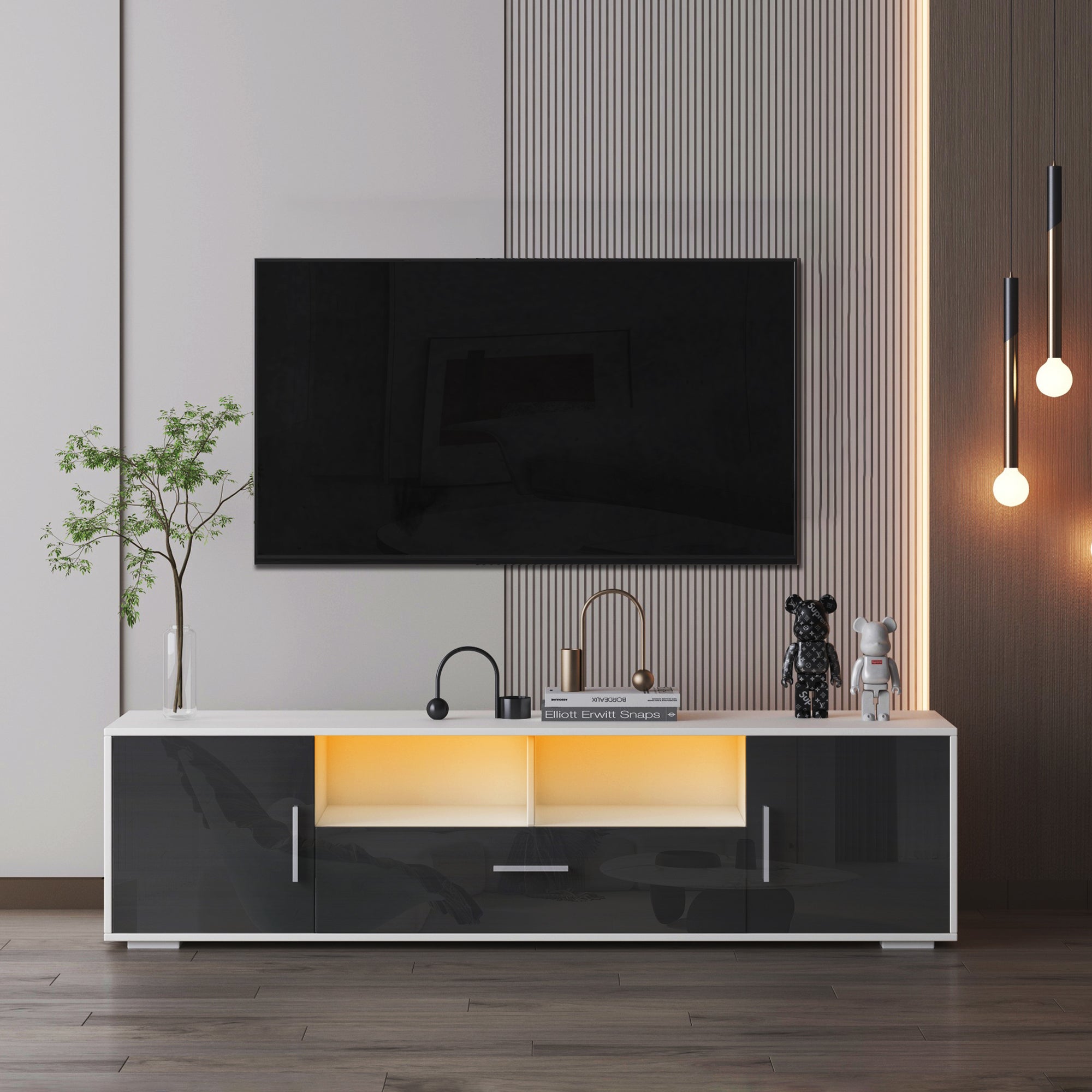 Vera White & Dark Gray TV Stand with LED Lights & Storage