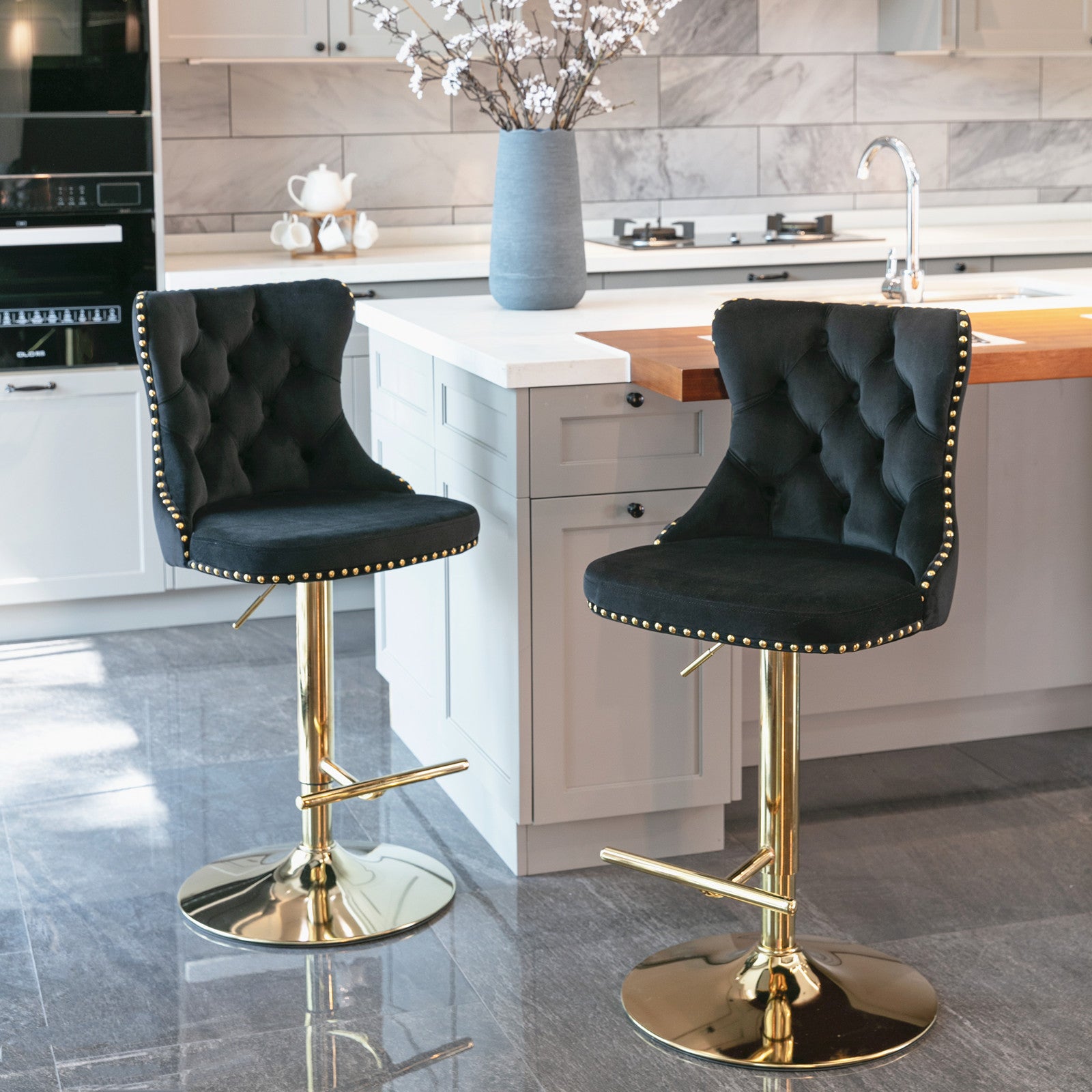 Central Black Swivel  Adjustable Barstools (Set of 2)