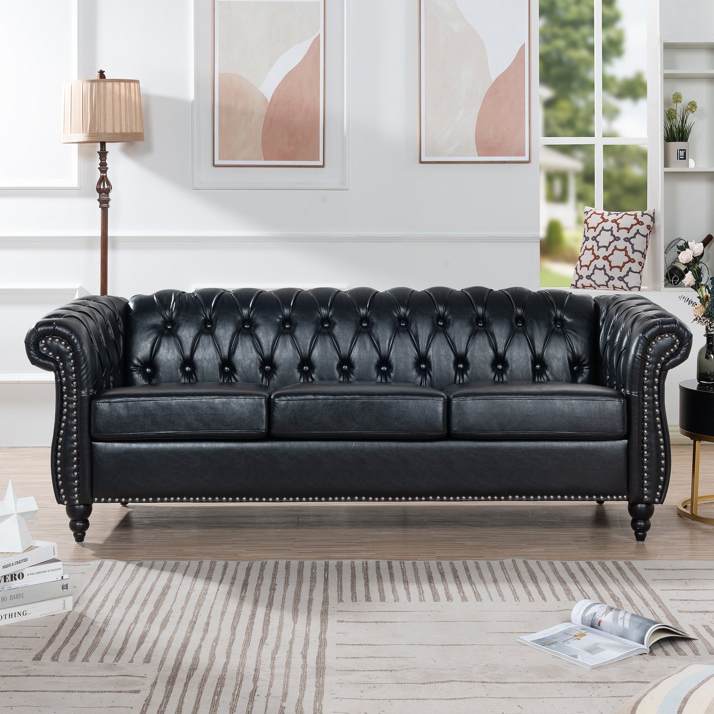 Chesterfield Three Seater Sofa in Black Leather