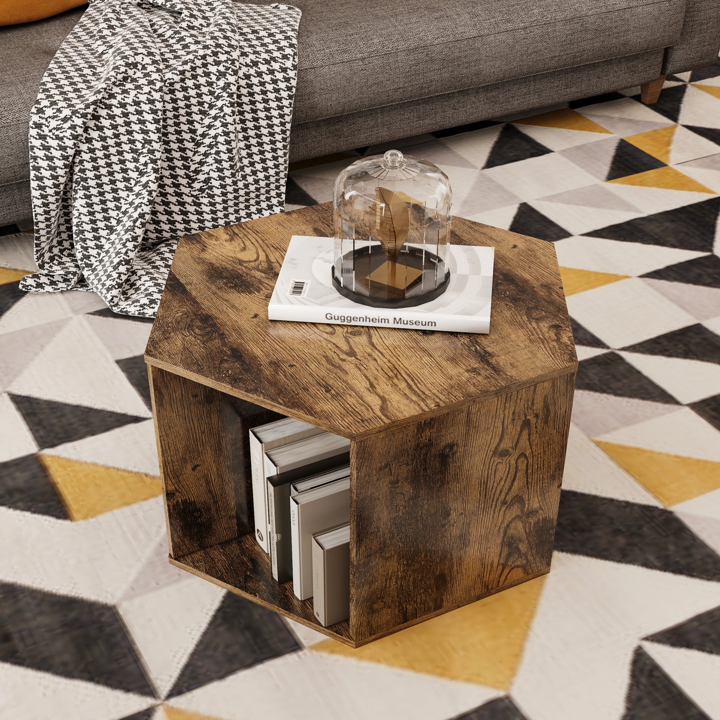 HexaWood 23.6' Hexagonal Coffee Table & Side Table, Antique Wood