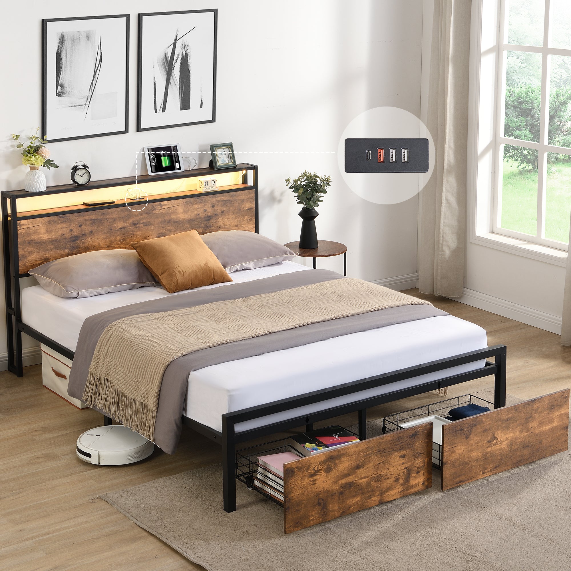 Flow Queen Size Bed Frame with Storage Headboard