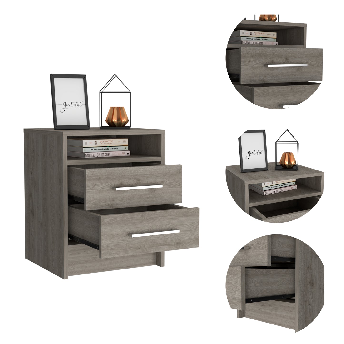 Rowley 2-Drawer 1-Shelf Rectangle Nightstand in Light Grey Finish