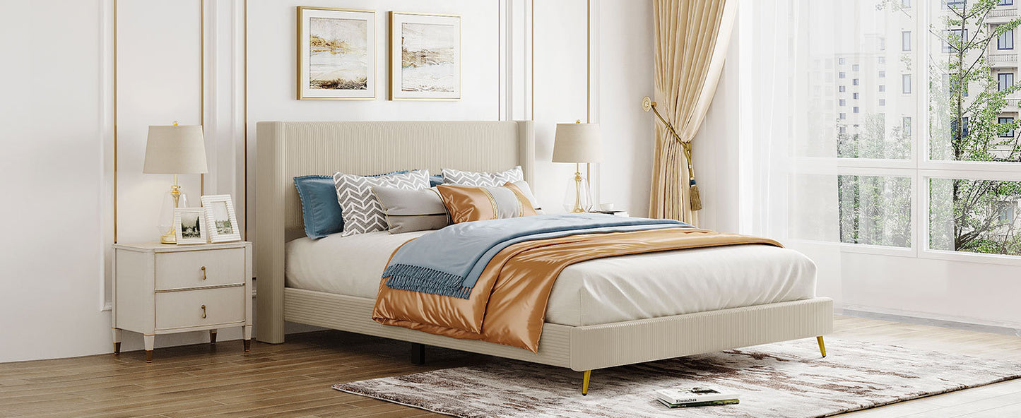 Queen Size Corduroy Platform Bed with Metal Legs in Beige