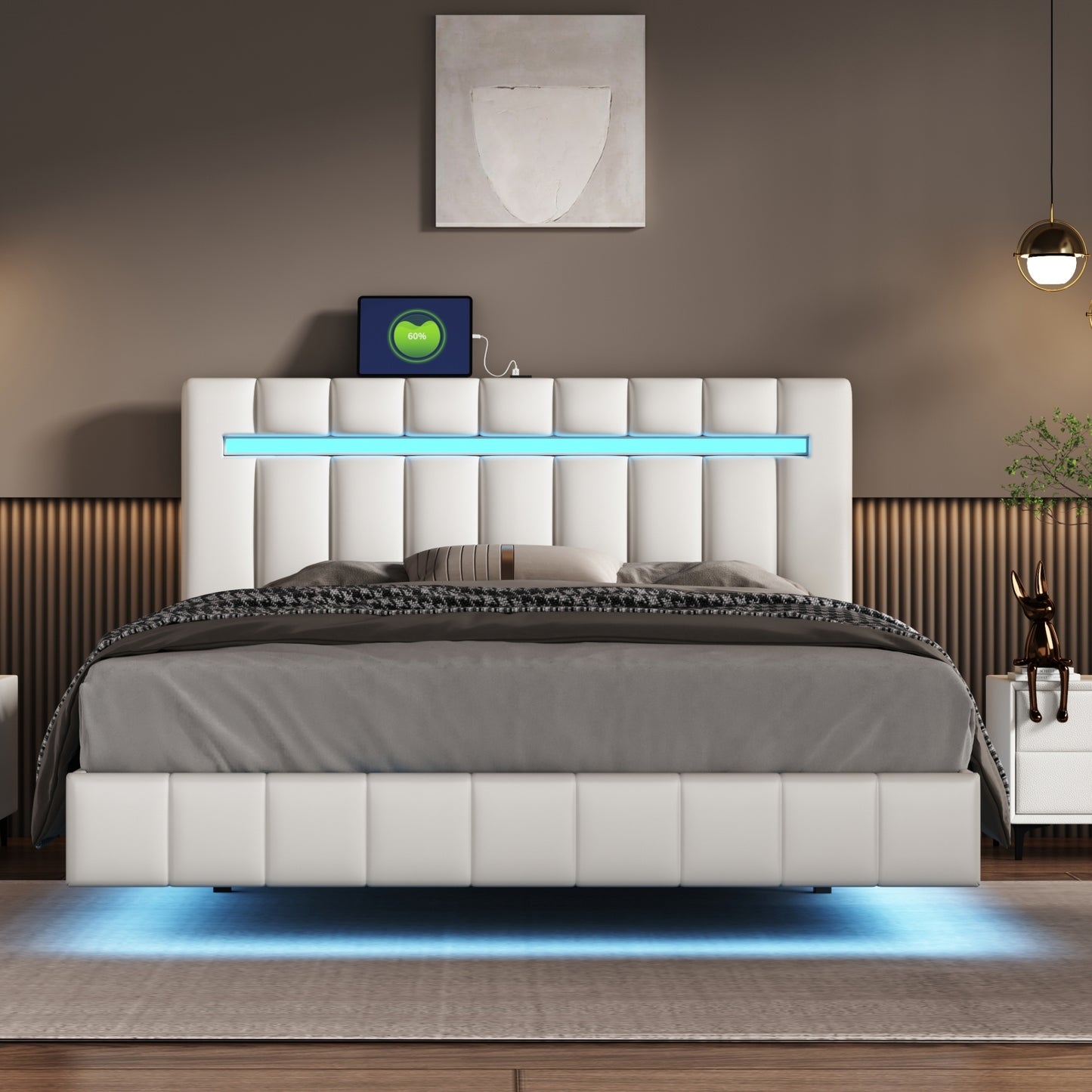 Clara Queen Size Floating Bed Frame with LED Lights and USB Charging