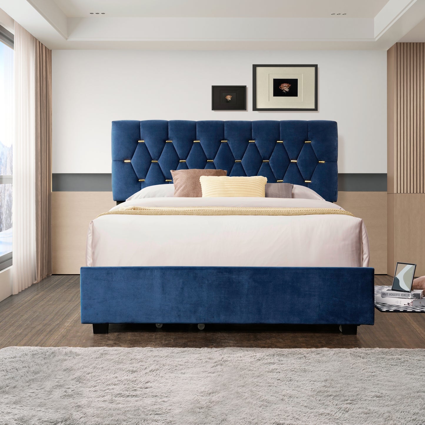 Gina Queen Bed with Trundle and Storage in Blue Fabric