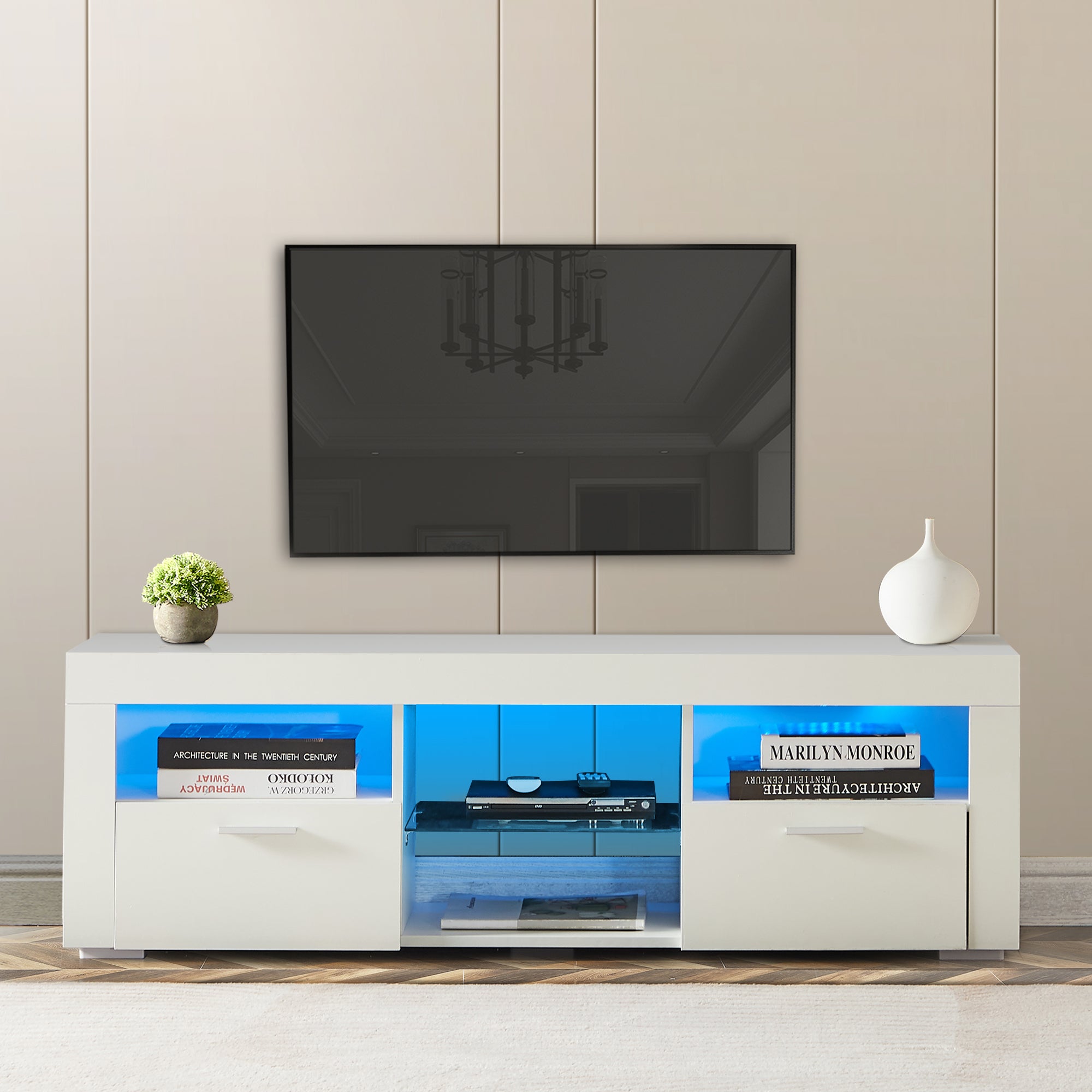 Aurora White TV Stand with LED Lights & Glossy Finish