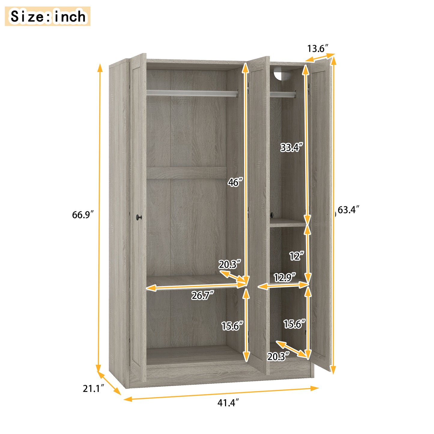 3-Door Shutter Wardrobe with shelves in Gray